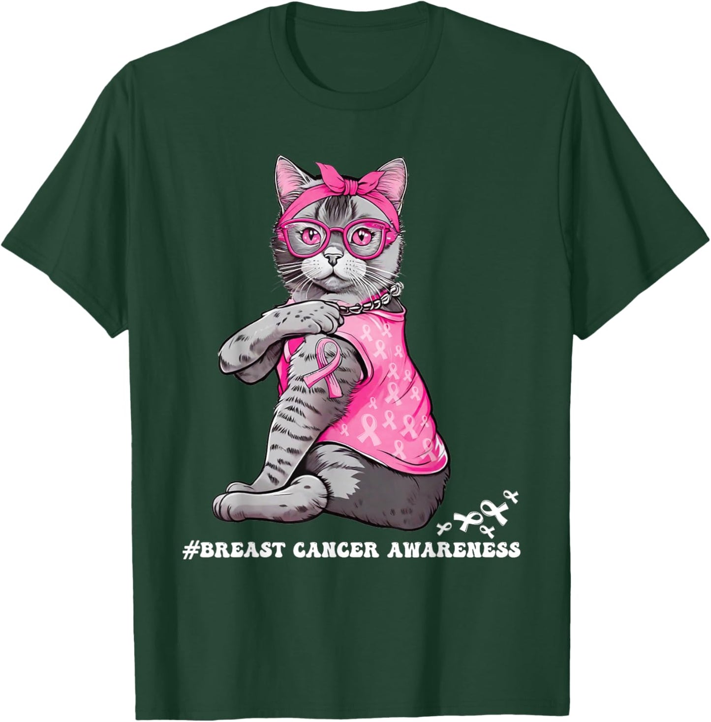 Funny Cat Pink Ribbon In October We Wear Pink Breast Cancer T-Shirt - T-Shirt | Forest