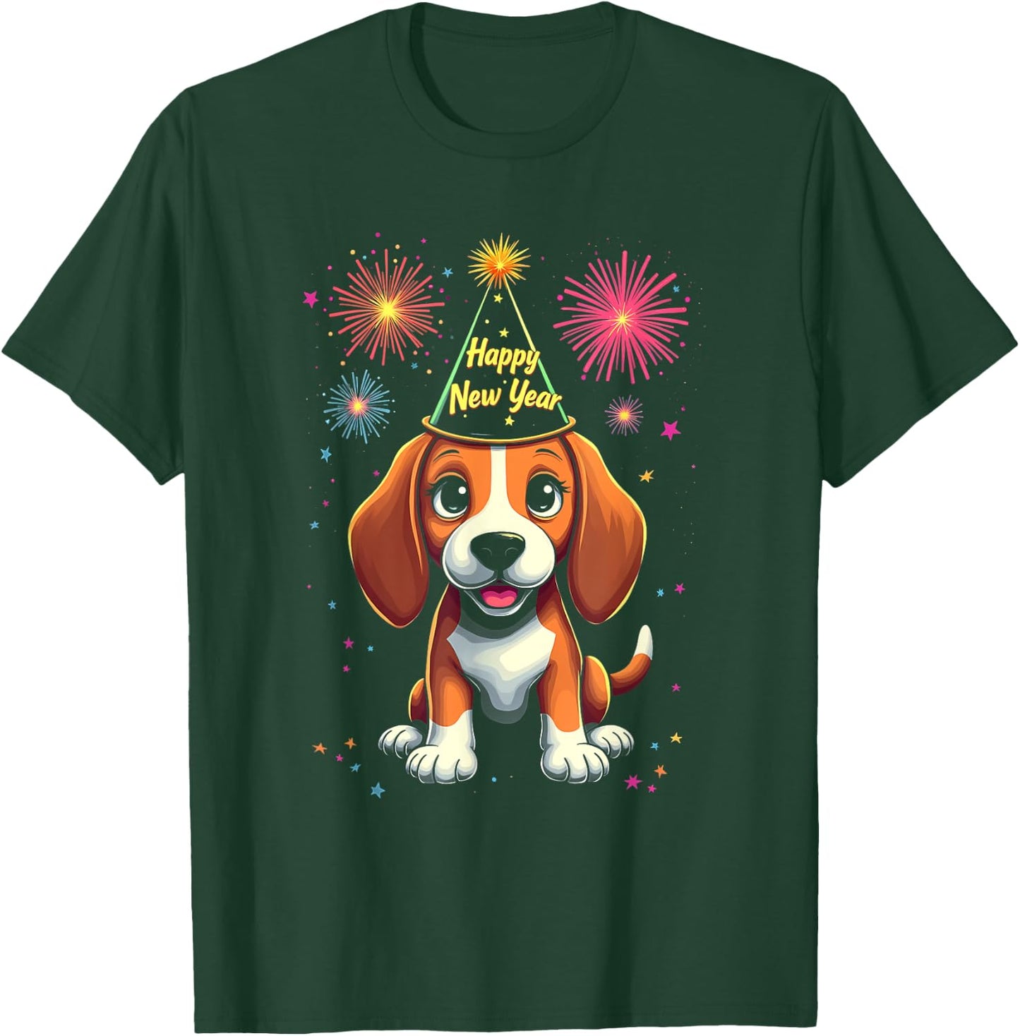 Happy New Year 2025 Eve Firework Dog Funny Beagle T-Shirt - T-Shirt | Forest