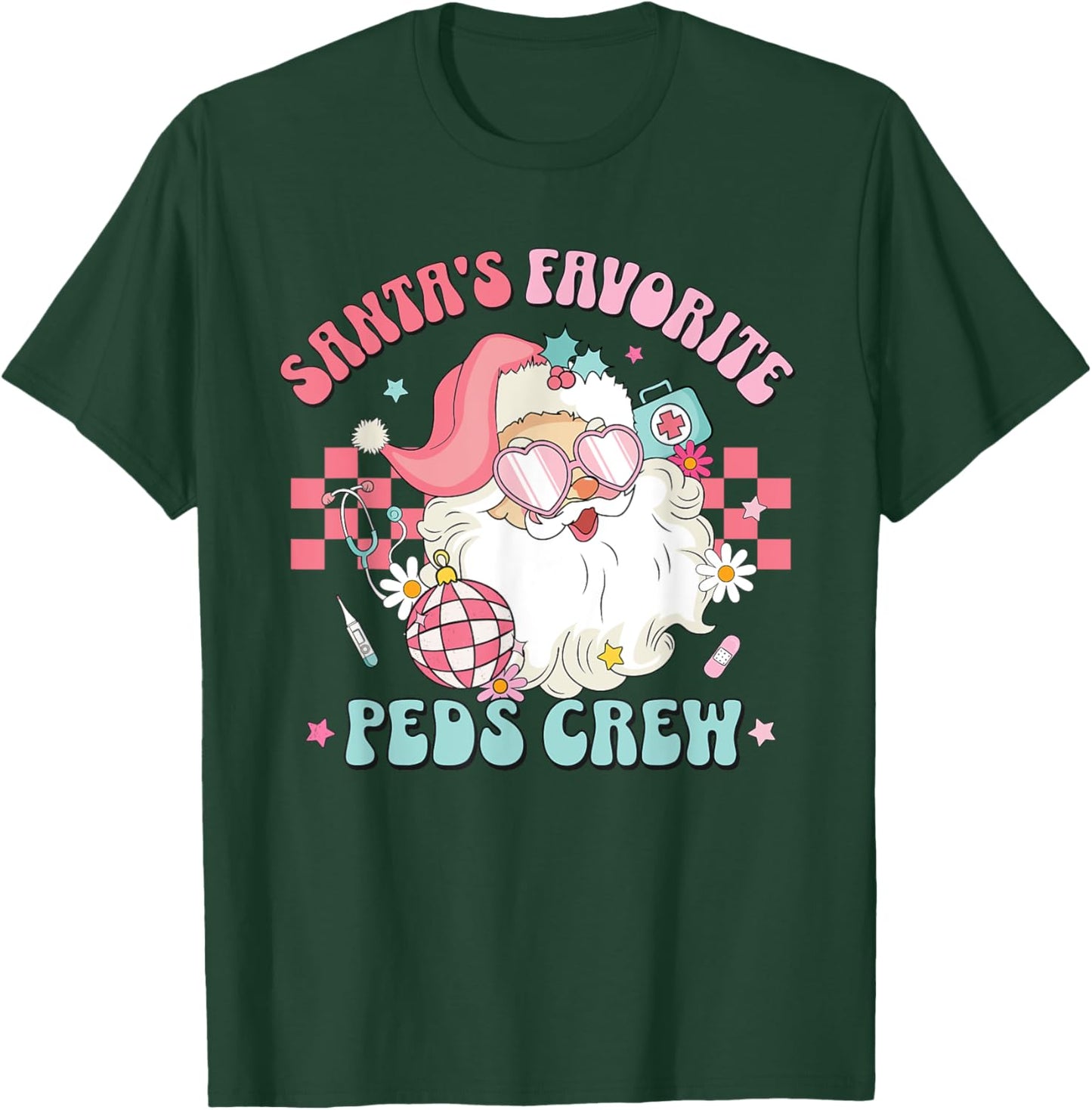 Retro Pink Christmas Santa's Favorite PEDS Nurse Pediatrics T-Shirt - T-Shirt | Forest