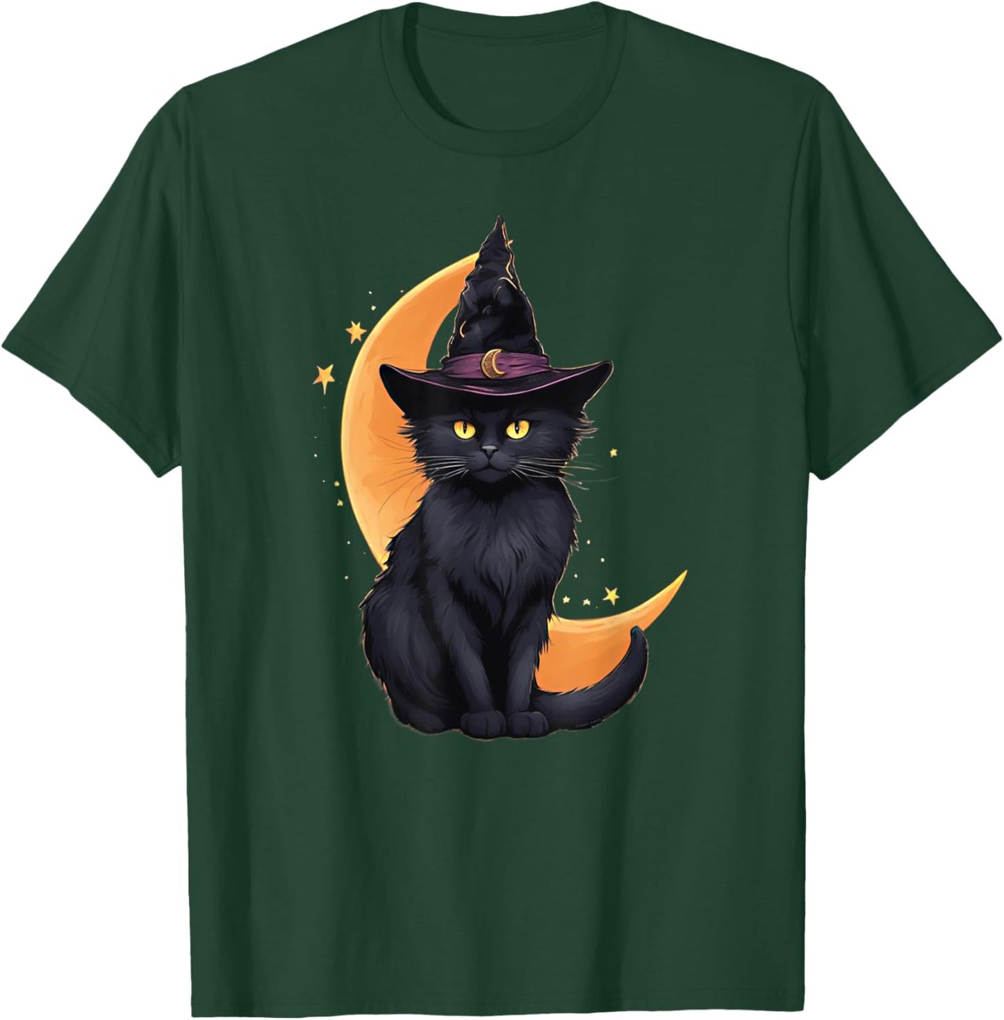 Black Cat Wearing Halloween Witch Hat Cat and Crescent Moon T-Shirt - T-Shirt | Forest