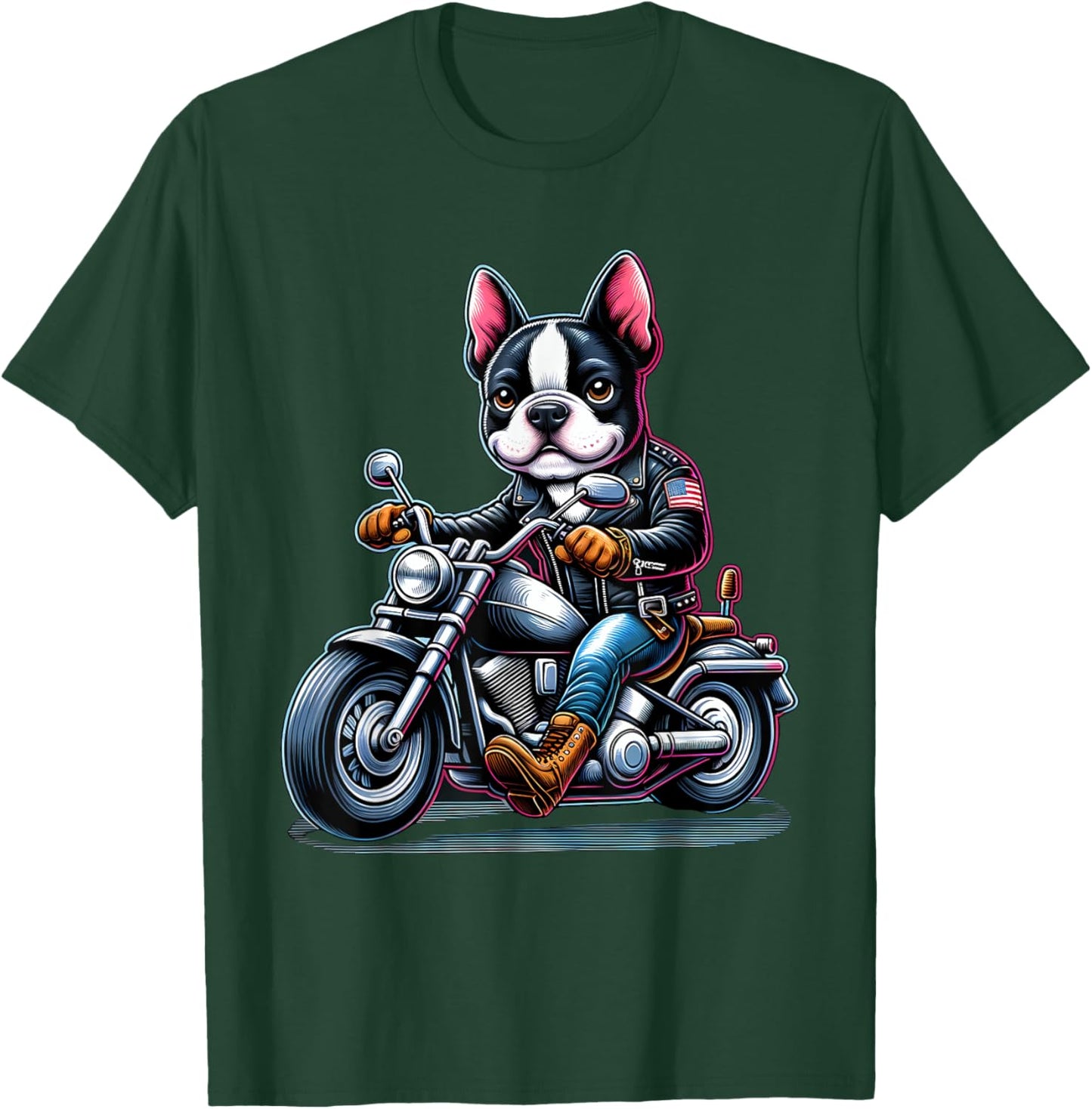 Biker Boston Terrier Dog Riding Motorbike T-Shirt - T-Shirt | Forest