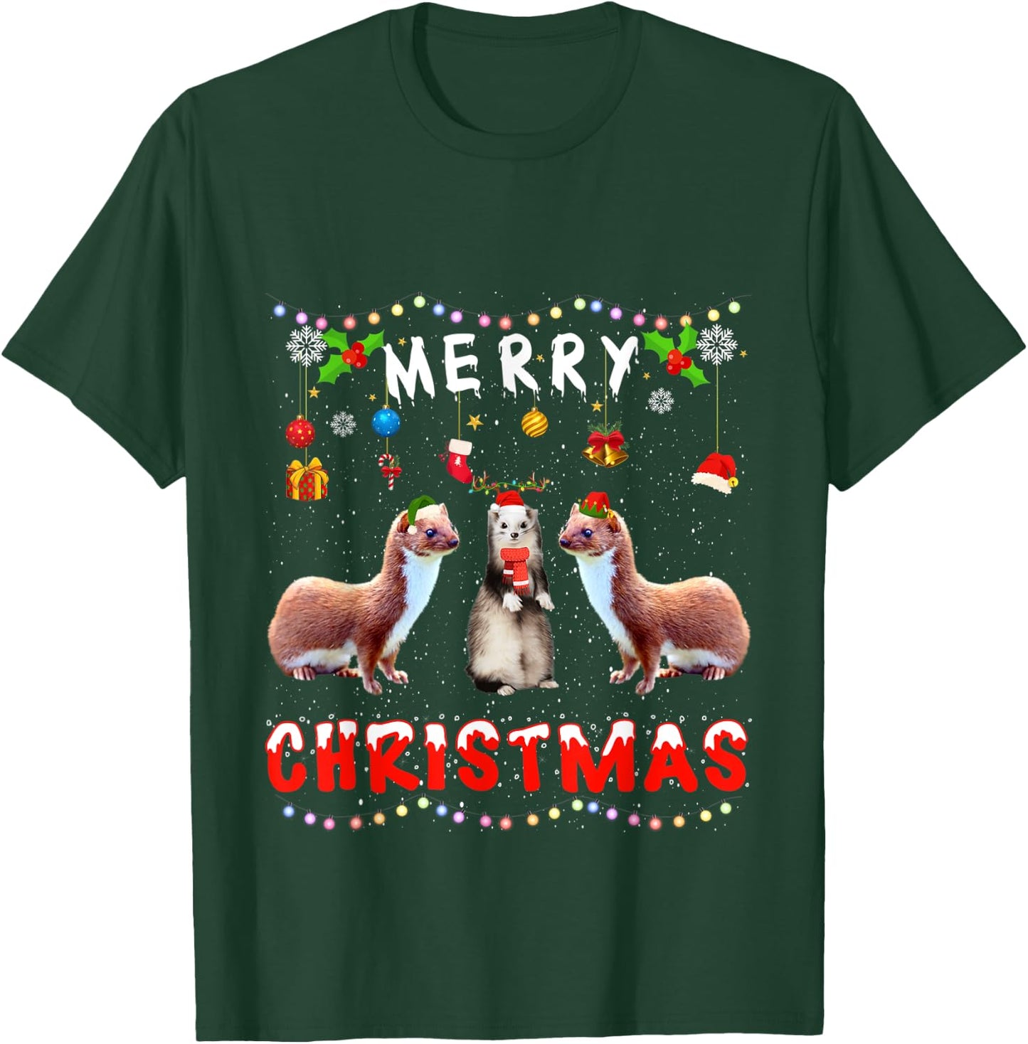 Merry Christmas Weasel Xmas Funny Animals Pajama T-Shirt - T-Shirt | Forest
