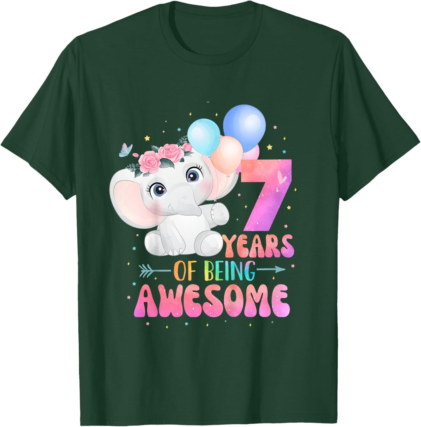 7 Years Of Being Awesome Cute Elephant 7th Birthday Girl T-Shirt - T-Shirt | Forest