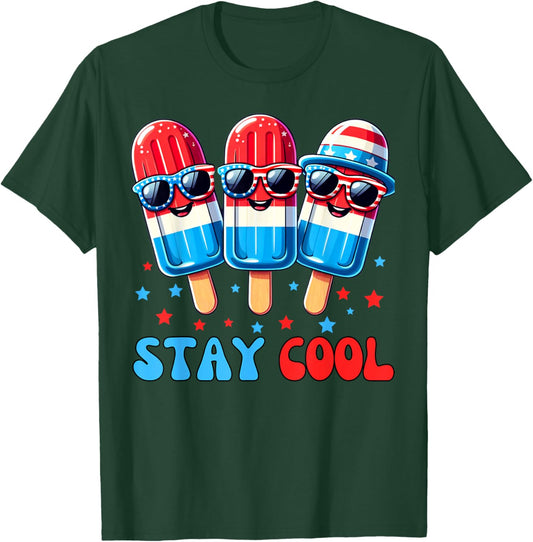 Stay Cool Popsicle 4th of July Boys Men USA American Flag T-Shirt - T-Shirt | Forest
