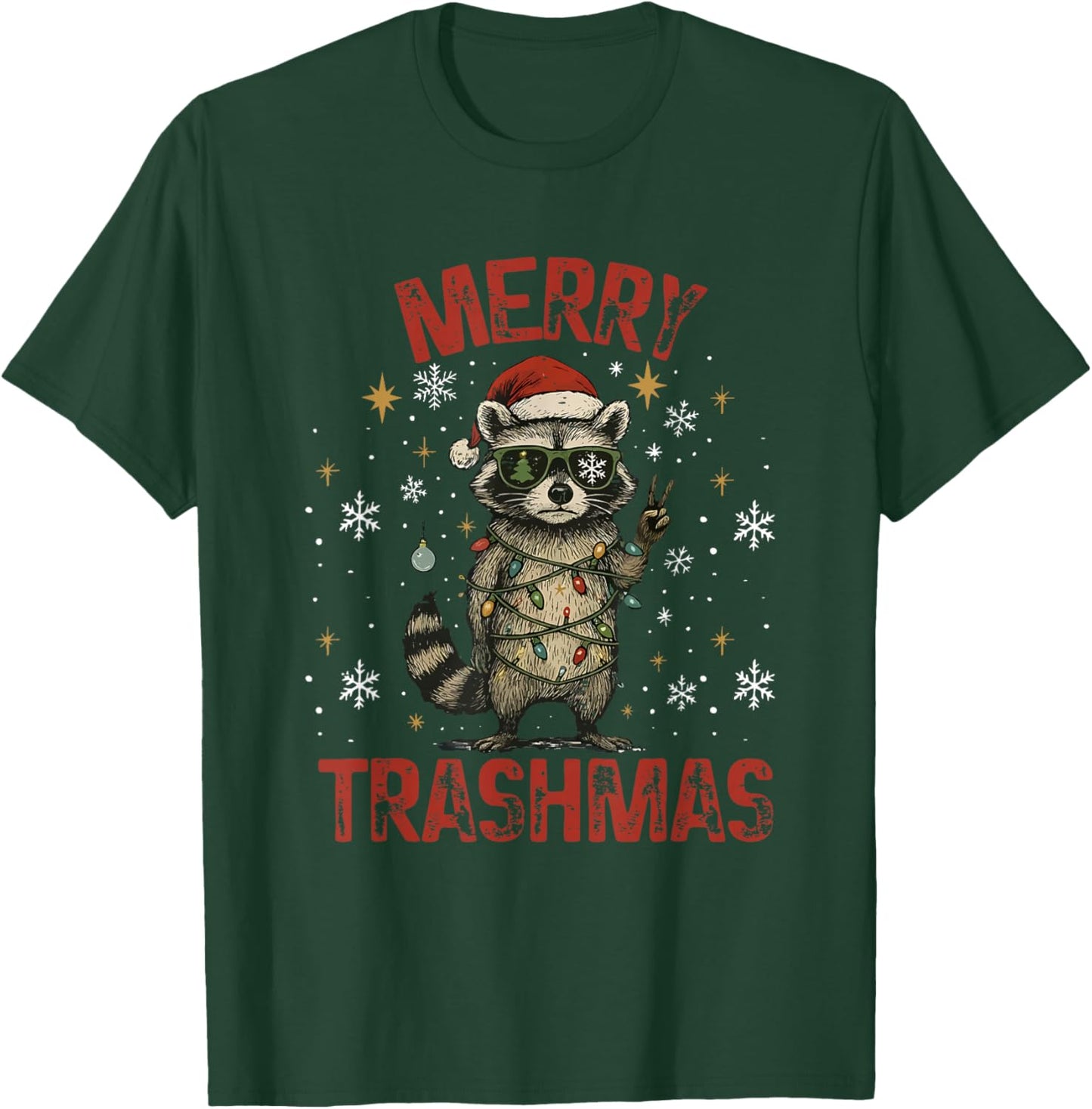 Merry Trashmas Raccoon Christmas Lights Funny Xmas Holiday T-Shirt - T-Shirt | Forest