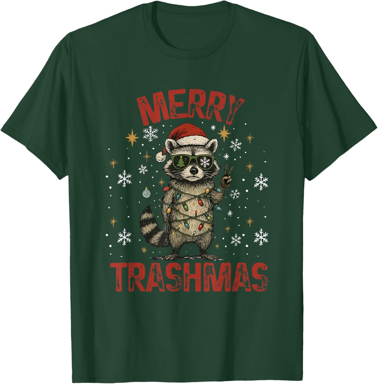 Merry Trashmas Raccoon Christmas Lights Funny Xmas Holiday T-Shirt - T-Shirt | Forest