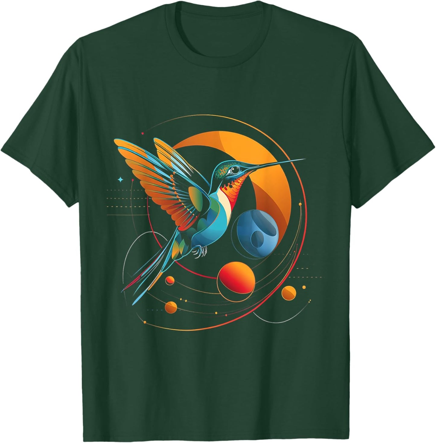 Hummingbird Planets Geometric Fantasy Animal Art Bird T-Shirt - T-Shirt | Forest