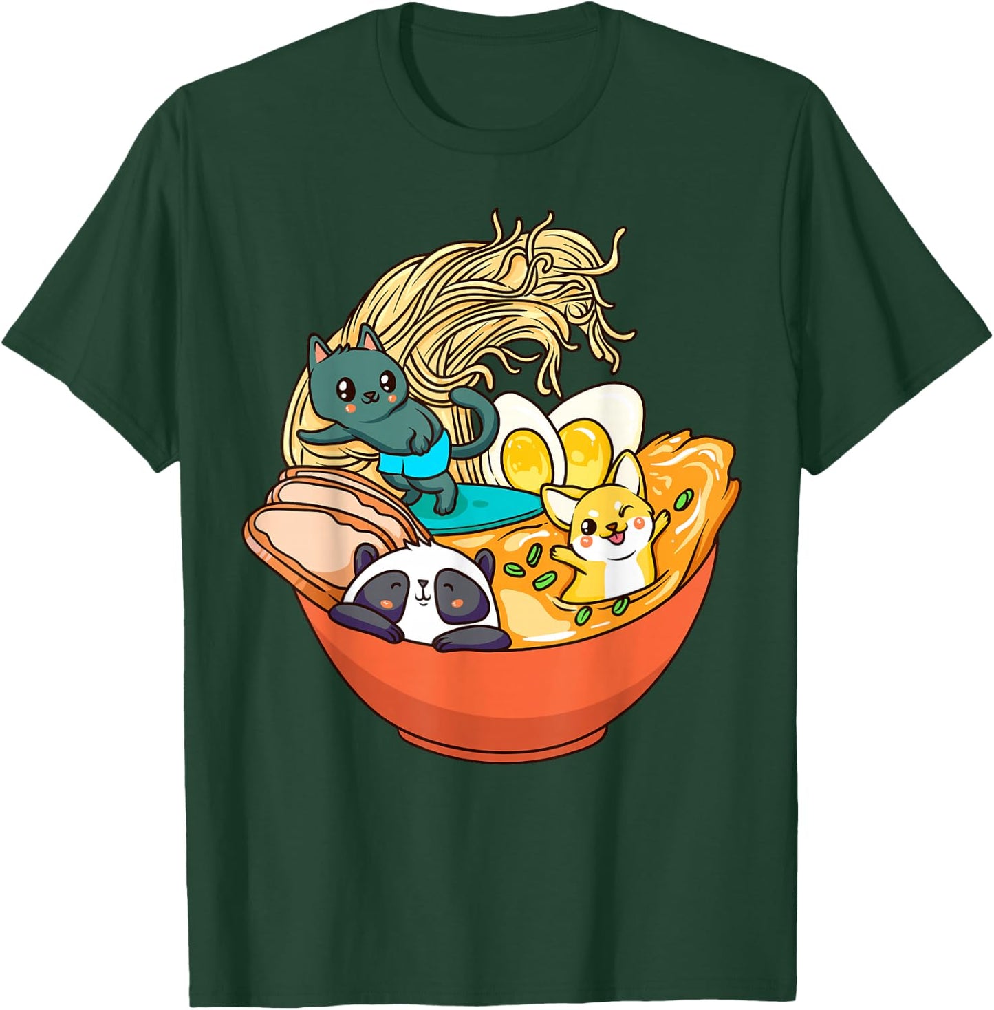 Cute Kawaii Cat Ramen Bowl Japanese Anime Panda Dog Noodle T-Shirt - T-Shirt | Forest