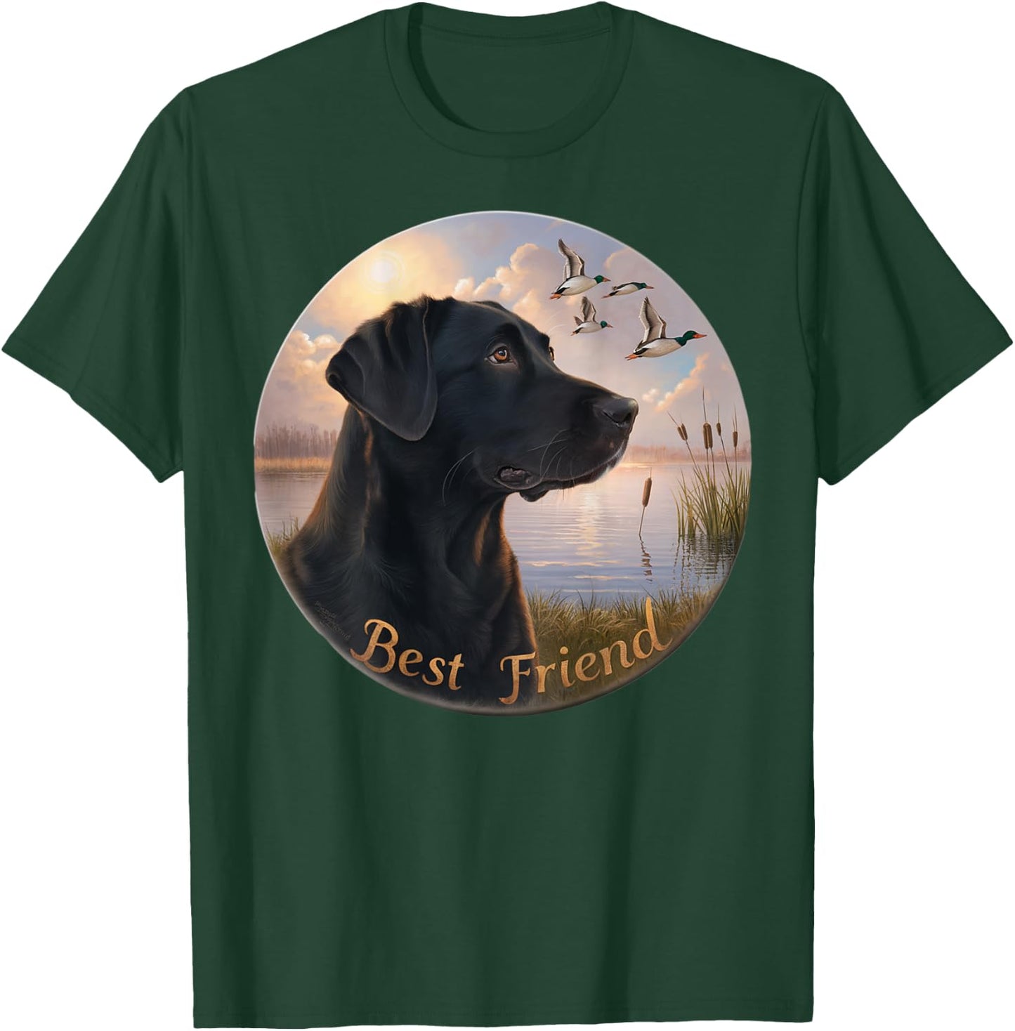 BACK PRINT. Hunting black labrador dog and geese with ducks T-Shirt - T-Shirt | Forest