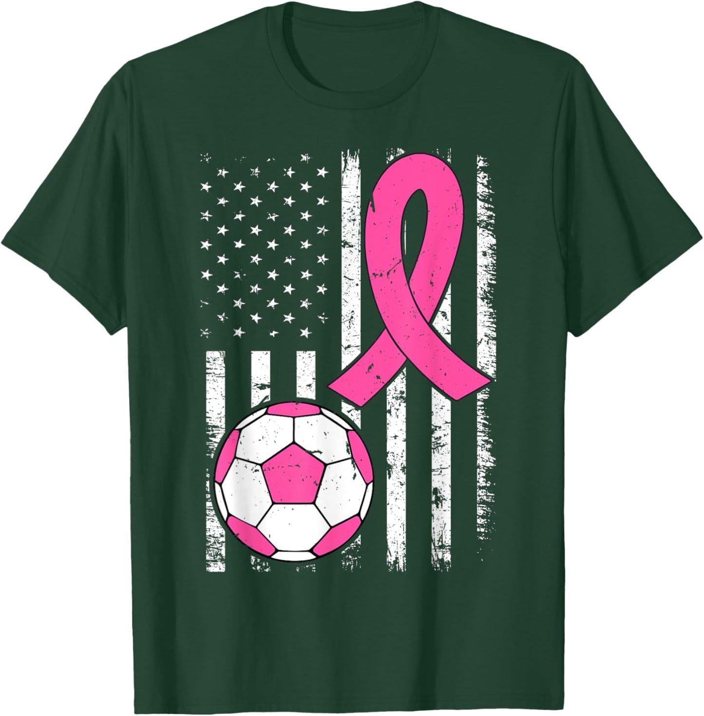 Soccer Ball Ribbon US Flag Breast Cancer Awareness Pink T-Shirt - T-Shirt | Forest
