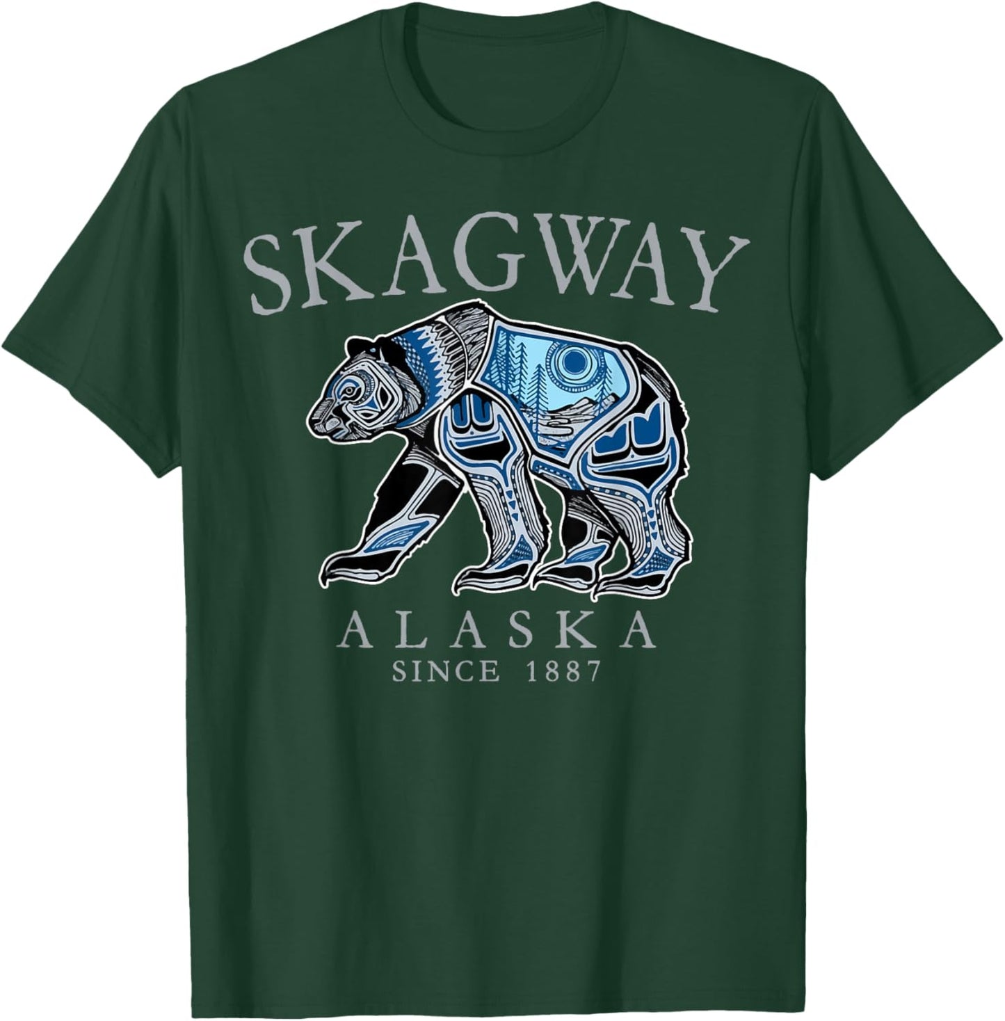Skagway Alaska Tribal Art Bear Since 1887 Grey Letters T-Shirt - T-Shirt | Forest