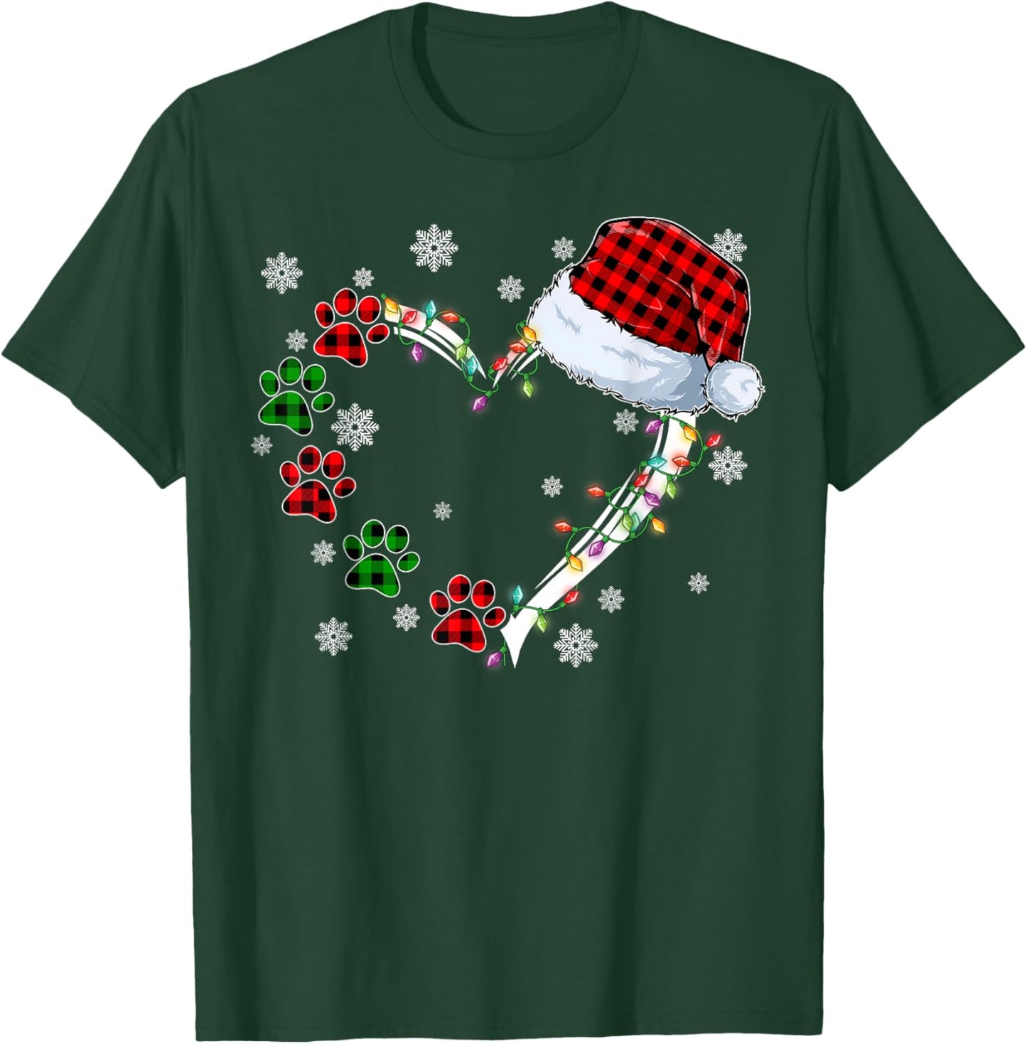 Funny Dog Cat Paws Print Heart Santa Hat Christmas Pajamas T-Shirt - T-Shirt | Forest