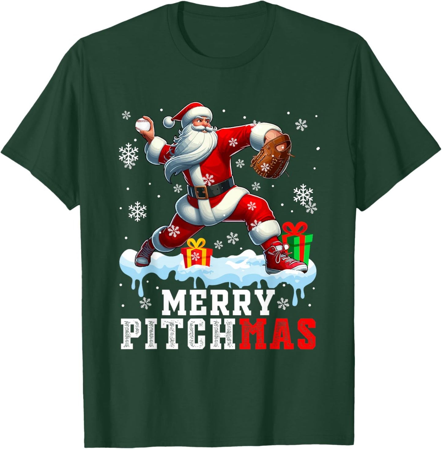 Merry Pitchmas Christmas Santa Pitcher Playing Baseball T-Shirt - T-Shirt | Forest
