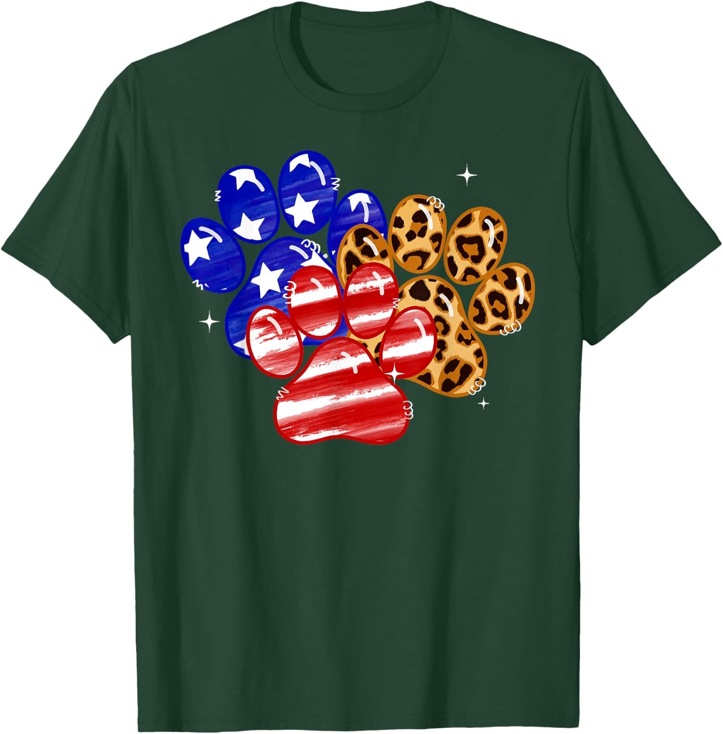 Leopard American Flag Hearts 4th Of July Dog Paw Print Cute T-Shirt - T-Shirt | Forest