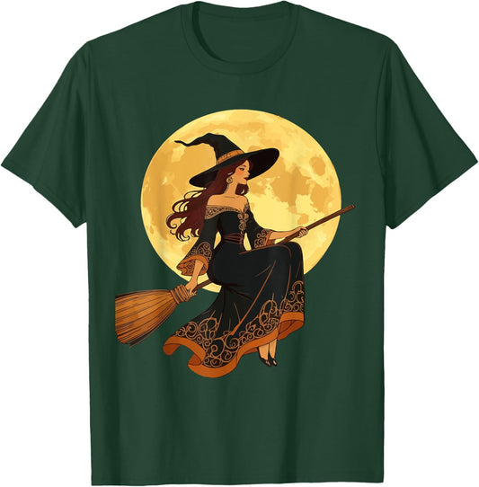 Young Goth Witch Sat Astride A Besom Vector Art T-Shirt - T-Shirt | Forest