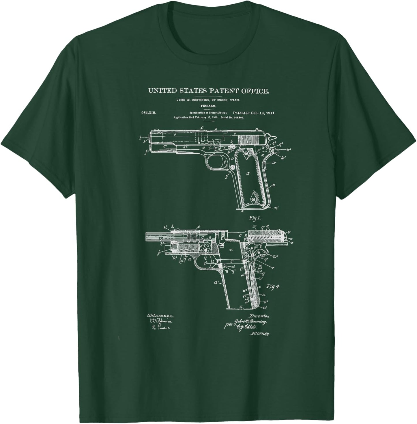 1911 Retro Vintage Handgun Diagram Blueprint Pistol 45ACP T-Shirt - T-Shirt | Forest