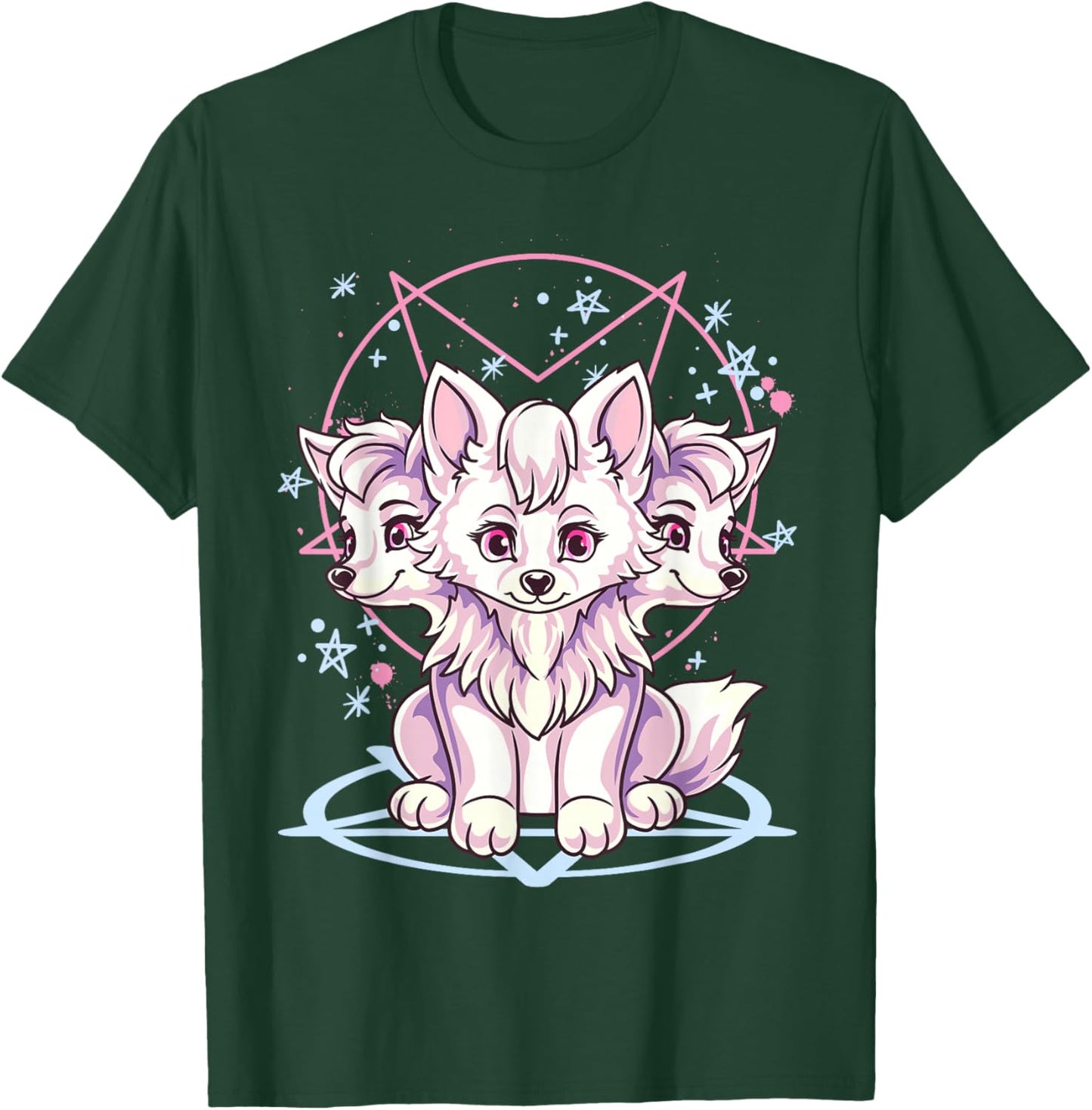 Cute Kawaii Creepy Pastel Goth 3 Headed Cerberus Dog Anime Women Girls Kids T-Shirt - T-Shirt | Forest