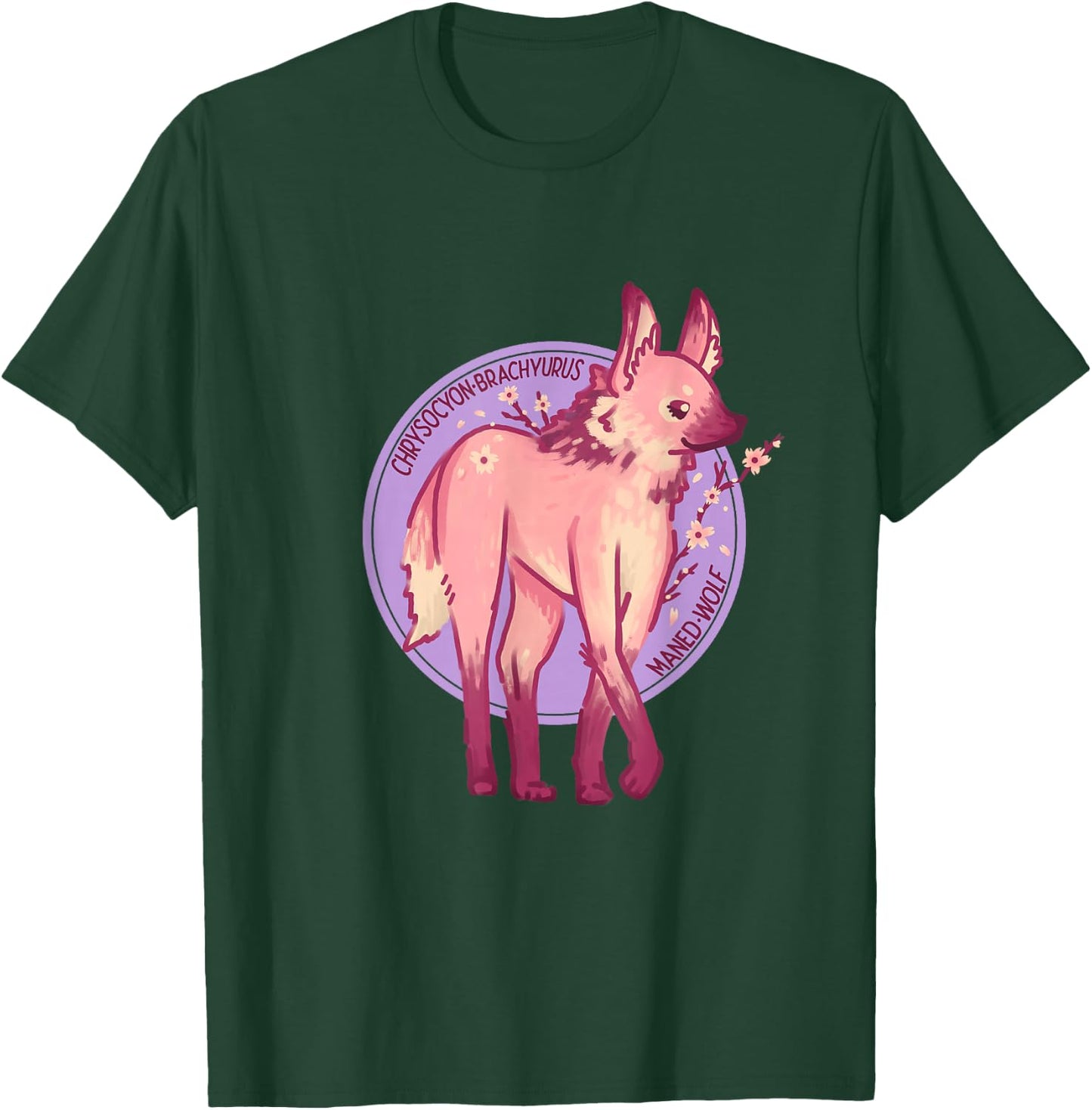 Cute Pink Maned Wolf Fox Dog Cherry Blossom Flowers T-Shirt - T-Shirt | Forest