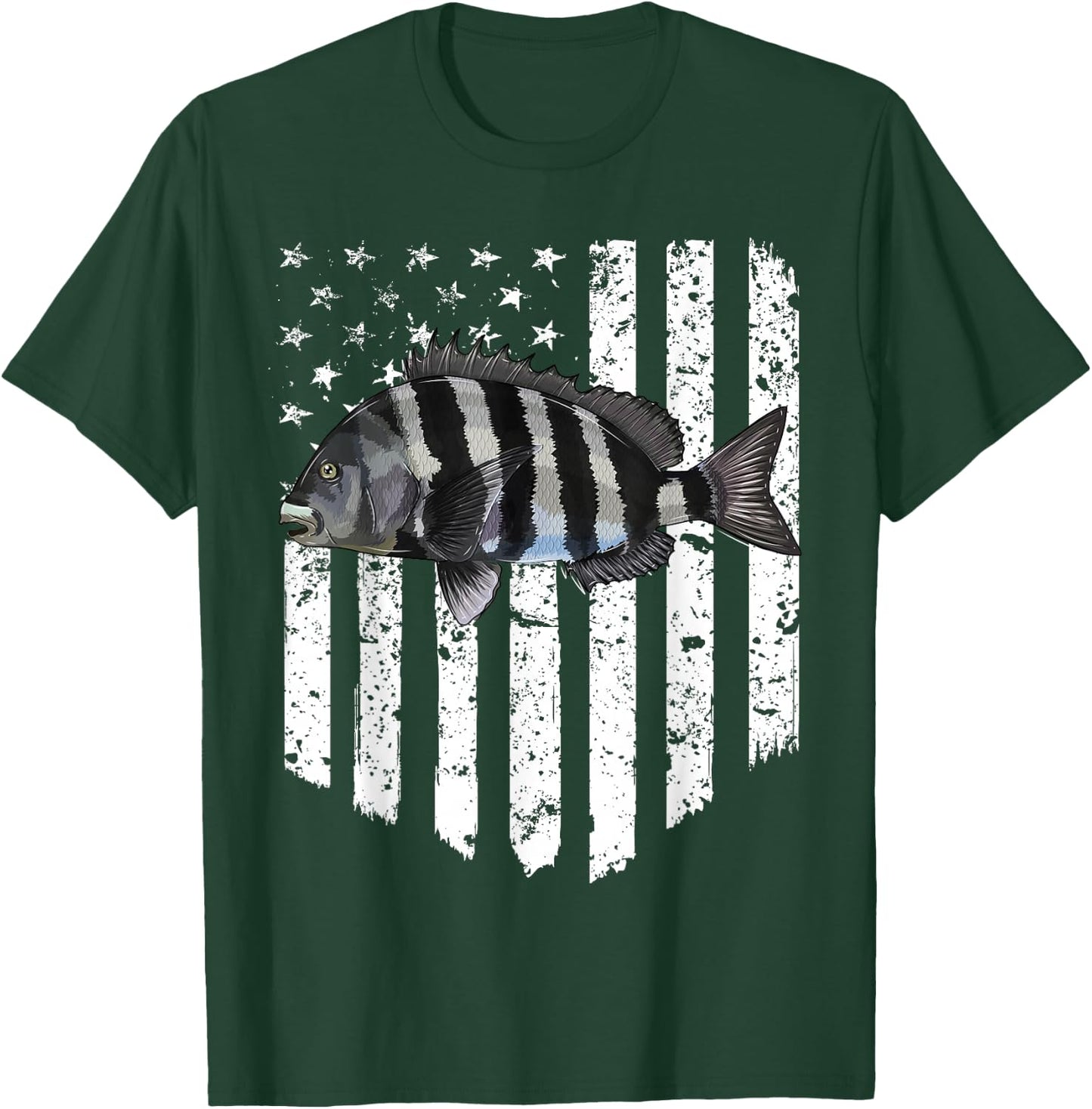 Black White American Flag Sheepshead 4th Of July Fish T-Shirt - T-Shirt | Forest