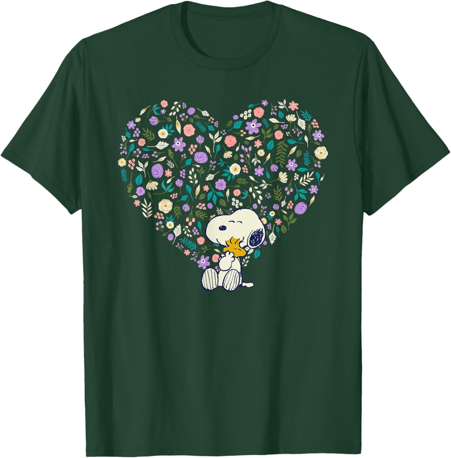 Peanuts Snoopy & Woodstock Hug Floral Heart T-Shirt - T-Shirt | Forest