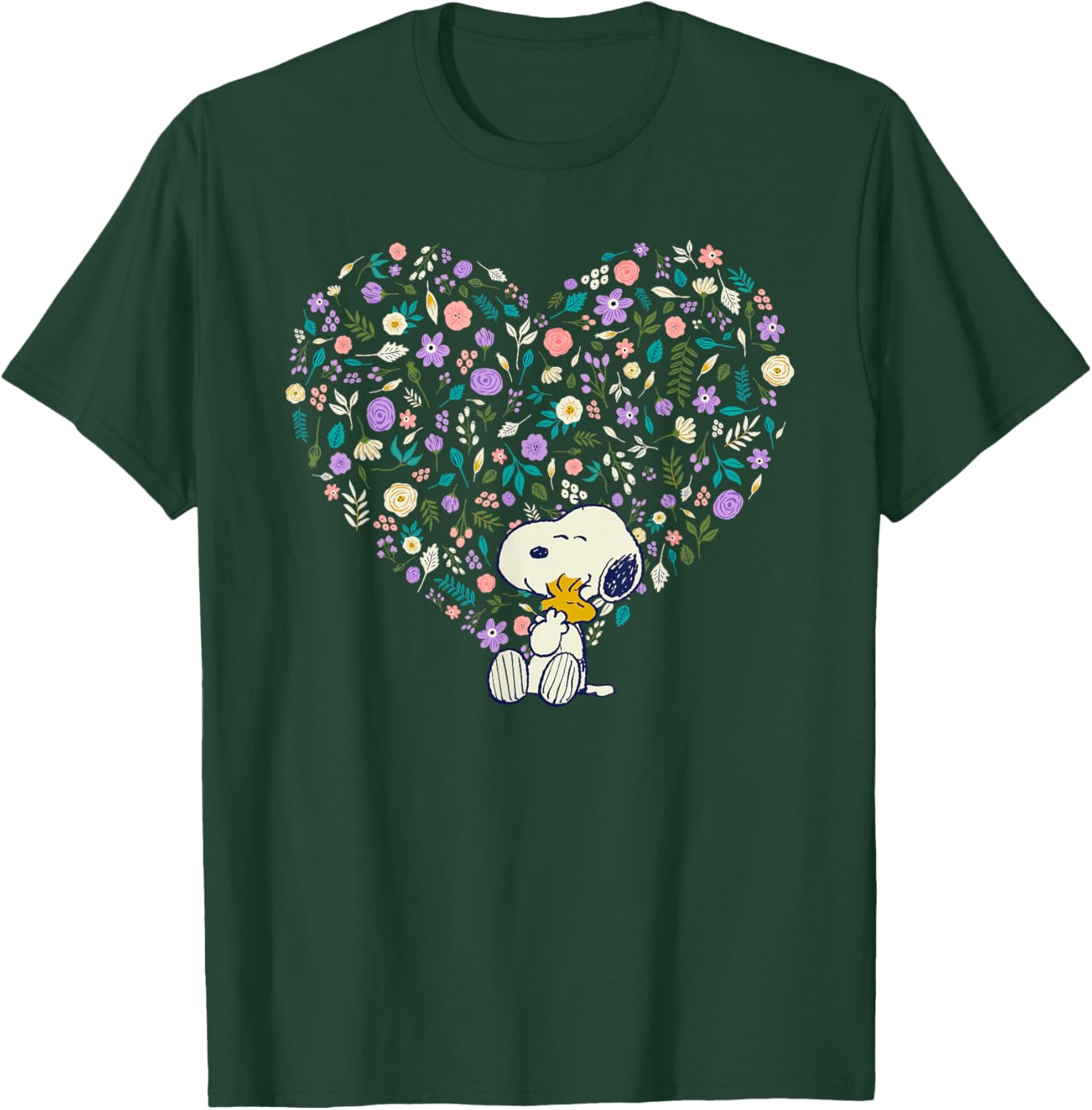 Peanuts Snoopy & Woodstock Hug Floral Heart T-Shirt - T-Shirt | Forest
