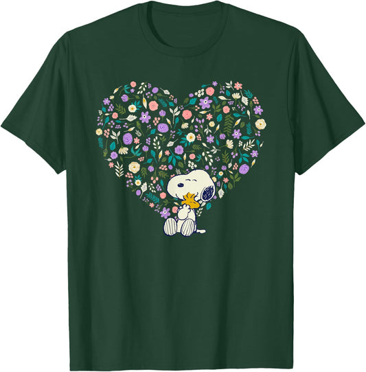 Peanuts Snoopy & Woodstock Hug Floral Heart T-Shirt - T-Shirt | Forest