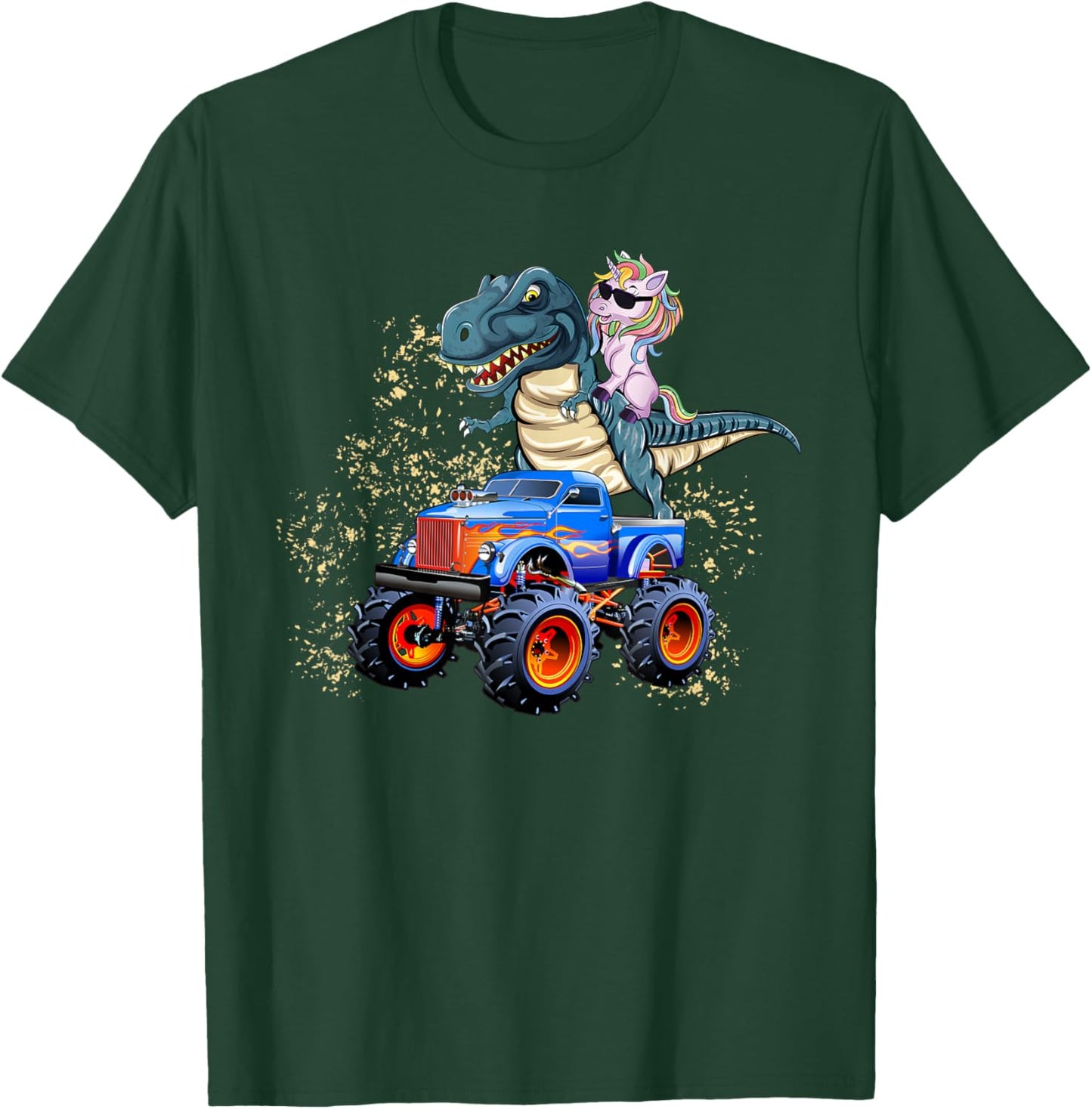 Unicorn Riding T rex Monster Truck Boys Girls Unicorn T-Shirt - T-Shirt | Forest
