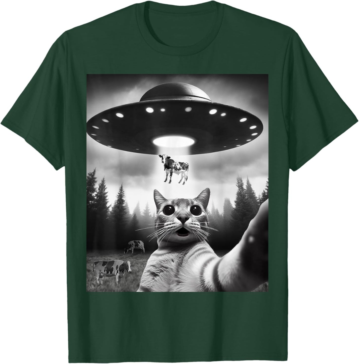 Funny Cat Selfie Flying Alien UFO Abducting Cow Cryptid Men Women Girls Kids T-Shirt - T-Shirt | Forest