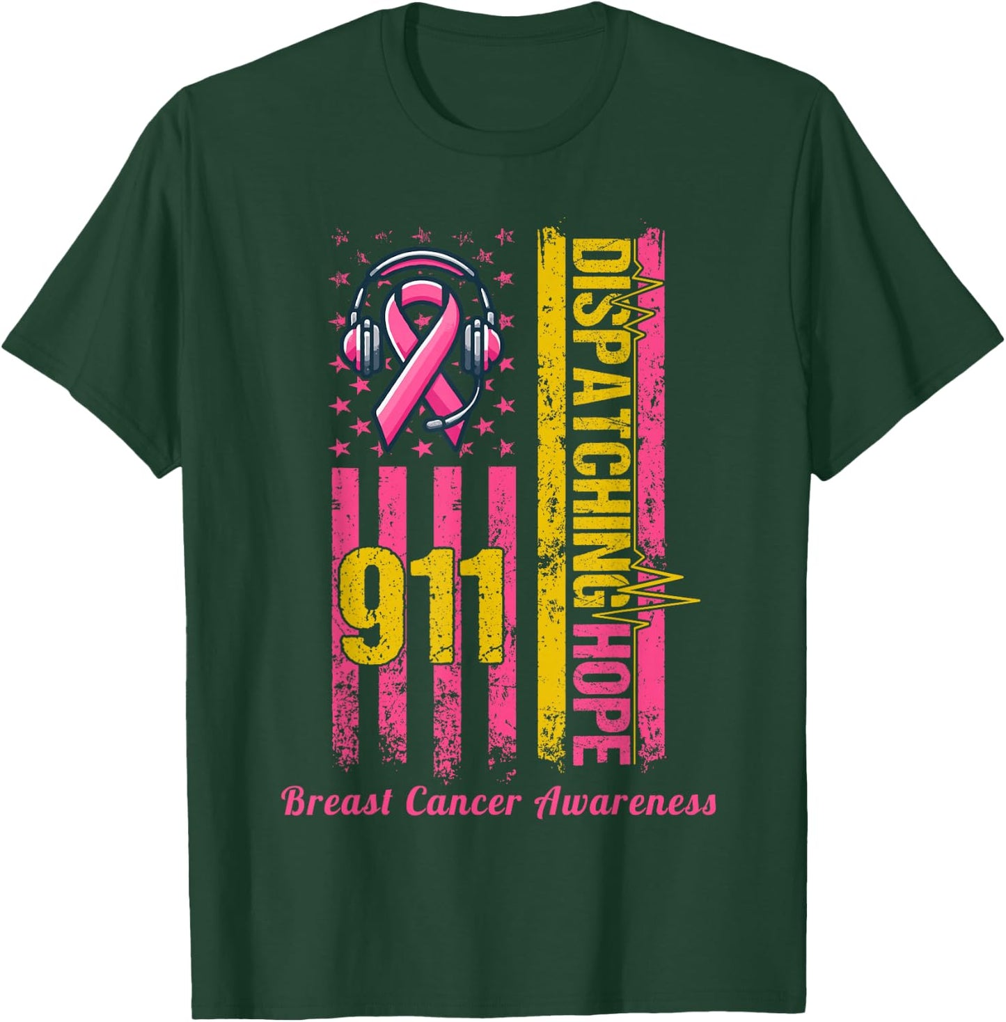 911 Dispatcher Breast Cancer Awareness American Flag T-Shirt - T-Shirt | Forest