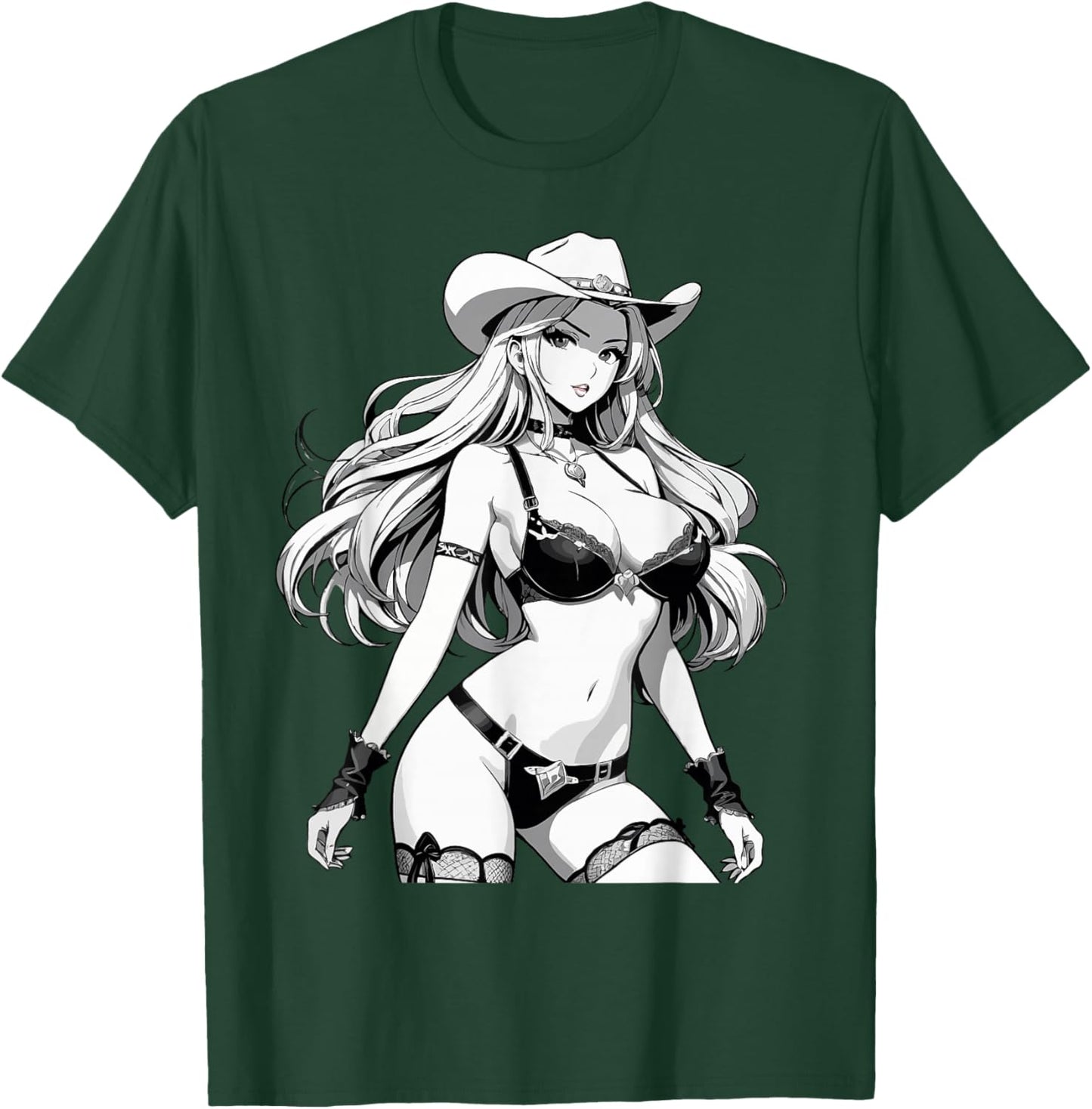 Sexy Waifu Anime Cowgirl Japanese in Black and White Art T-Shirt - T-Shirt | Forest