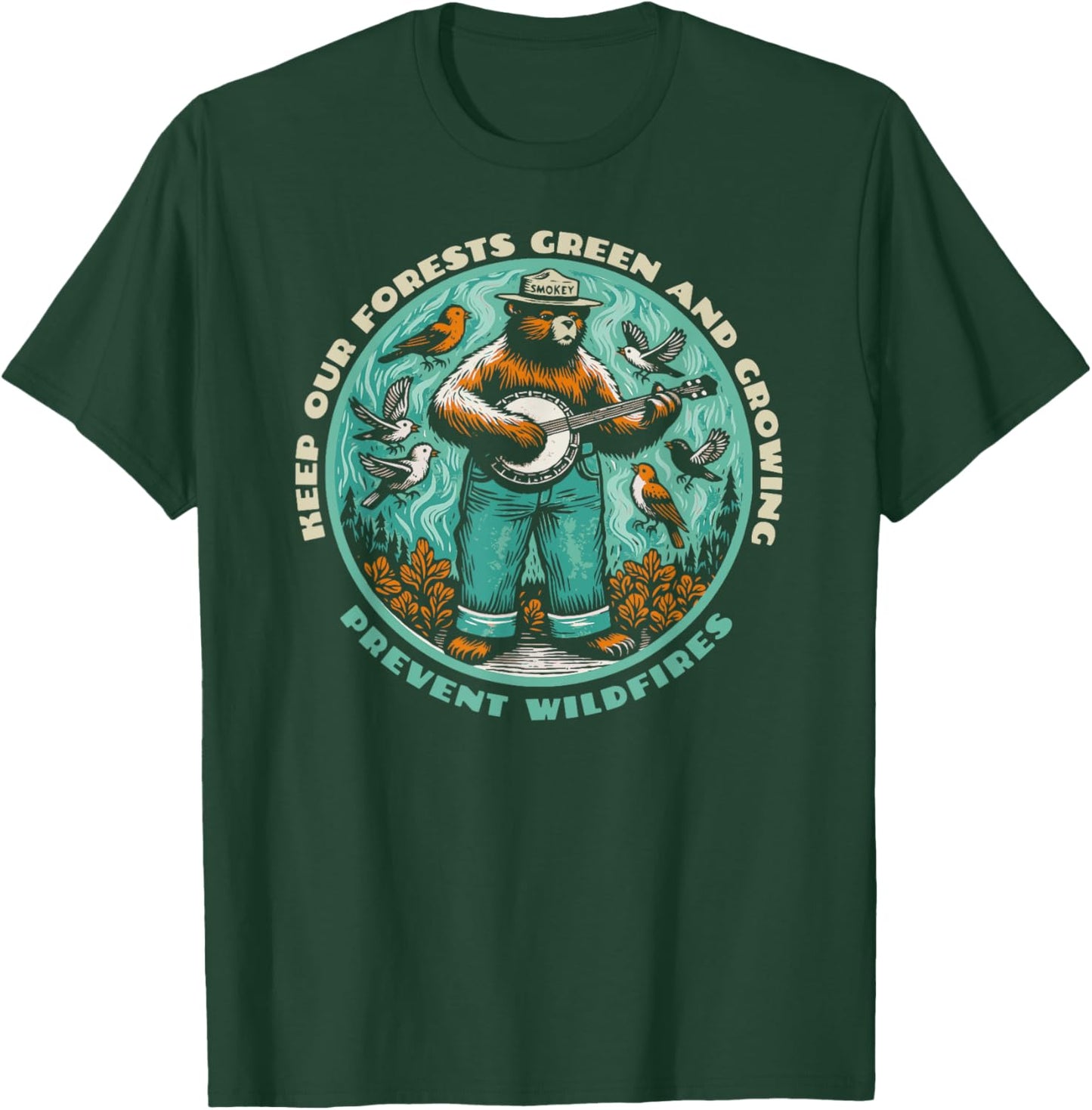 Prevent Wildfires Smokey Bear, Banjo & Birds T-Shirt - T-Shirt | Forest