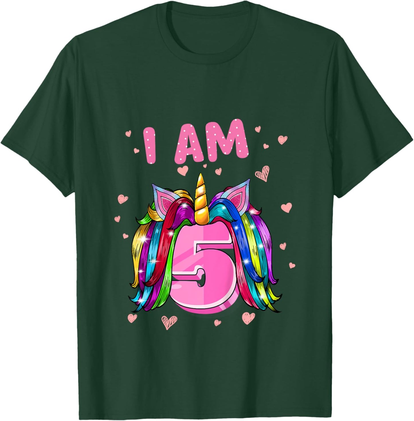 Girl 5th Birthday Unicorn I Am 5 T-Shirt - T-Shirt | Forest
