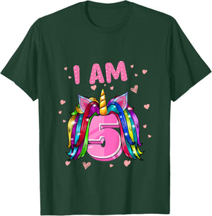 Girl 5th Birthday Unicorn I Am 5 T-Shirt - T-Shirt | Forest