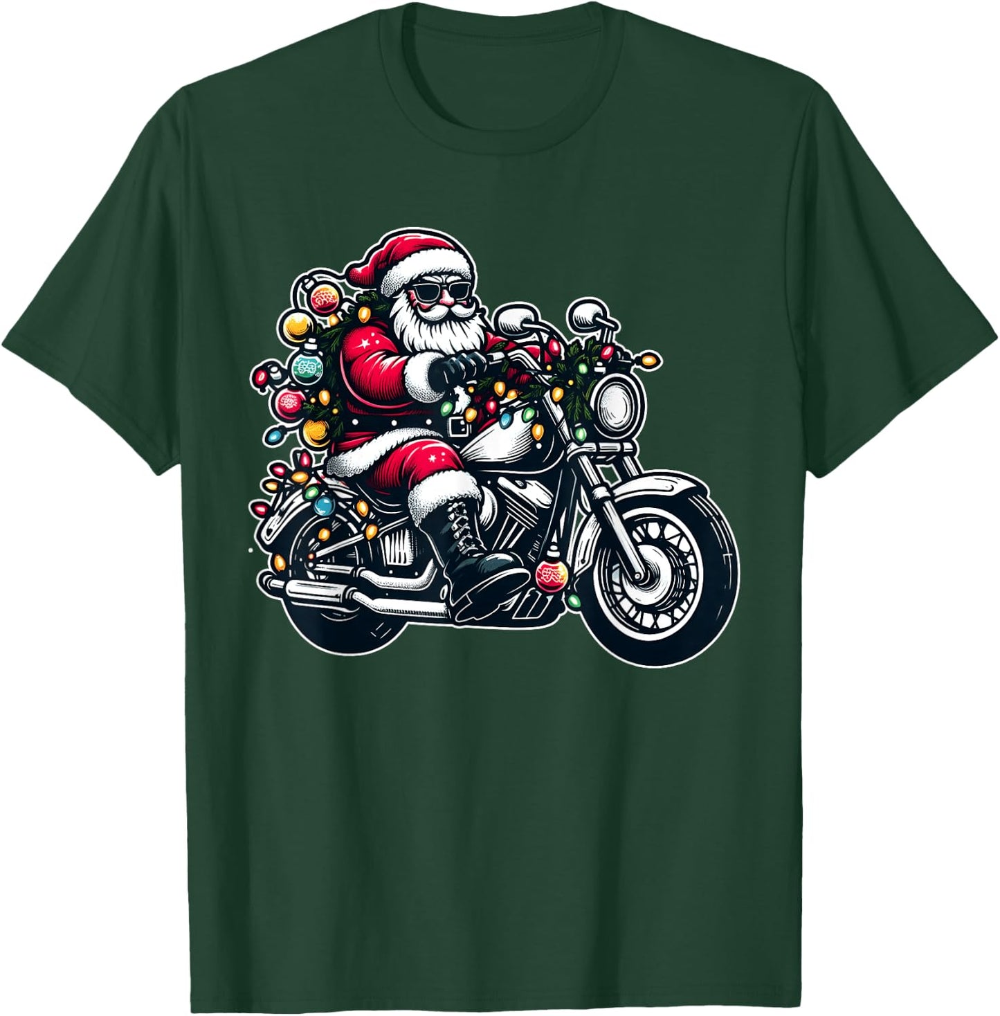 Santa Claus on Motorcycle Funny Biker Christmas Xmas Lights T-Shirt - T-Shirt | Forest