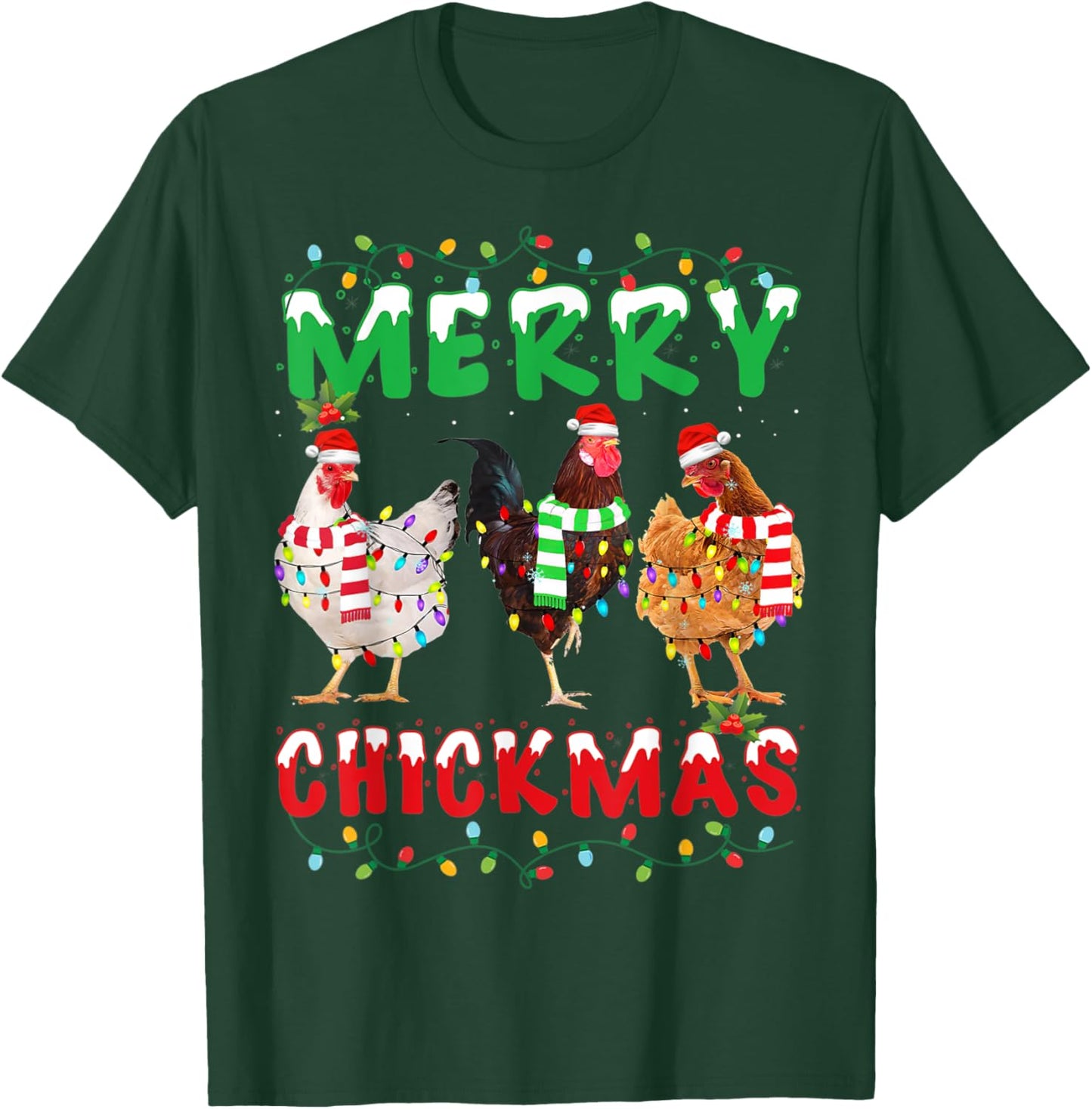 Merry Christmas Chicken Shirt Santa Hat Lights Funny Gift T-Shirt - T-Shirt | Forest