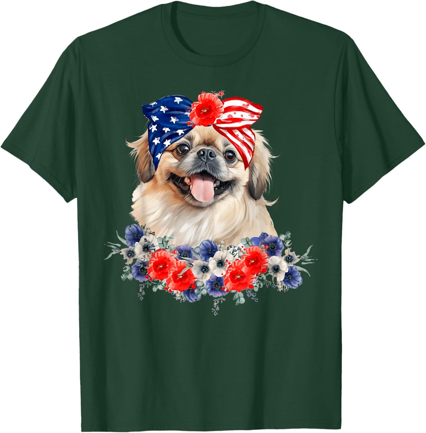 Pekingese Dog Bandana American Flag 4th Of July Women Kids Men T-Shirt - T-Shirt | Forest