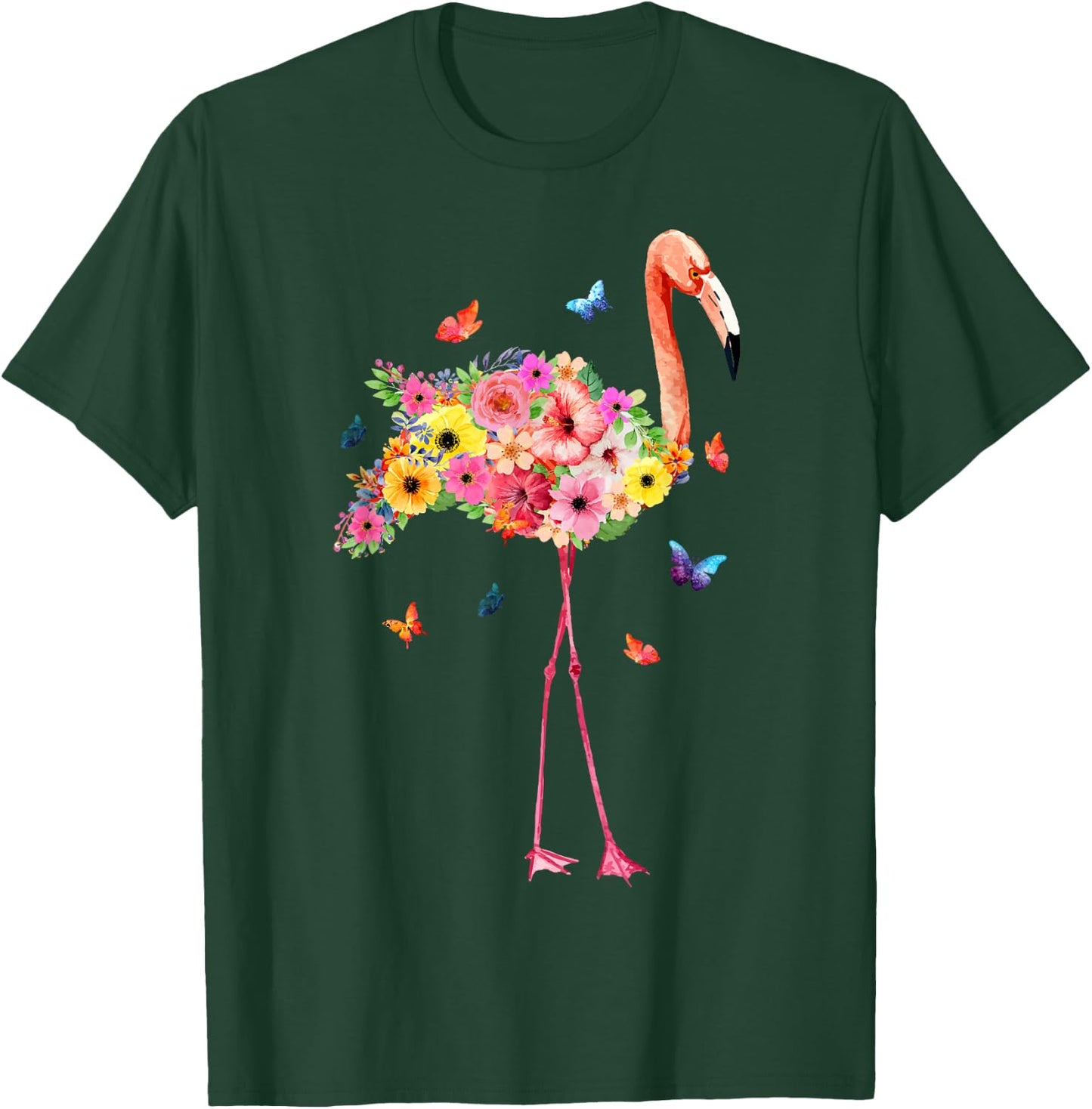 Pink Flamingo Watercolor Tropical Hawaiian Flowers Floral T-Shirt - T-Shirt | Forest