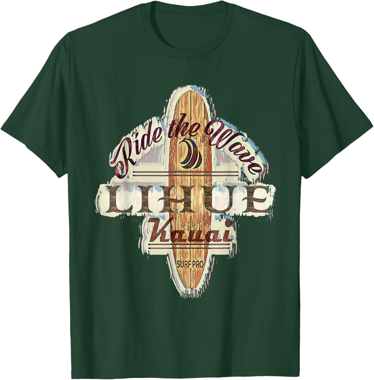 Surfing, Surfboard, Distressed Longboard Lihue Kauai T-Shirt - T-Shirt | Forest
