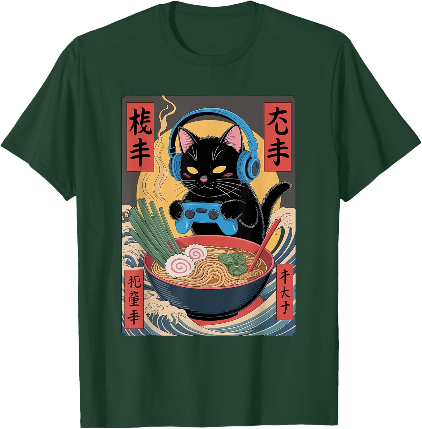 Cute Kawaii Gamer Cat Funny Ramen Retro Japanese Cat Gaming T-Shirt - T-Shirt | Forest