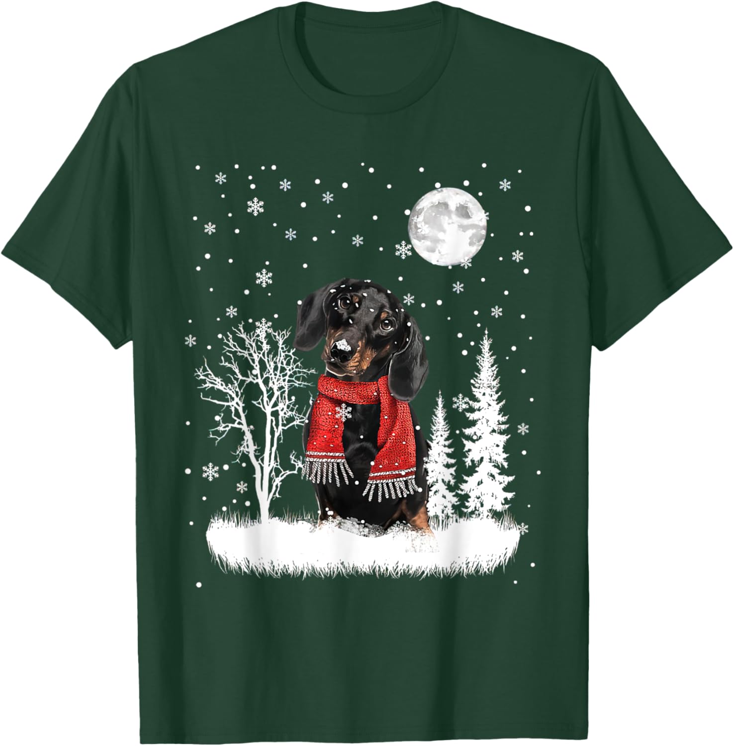 Dachshund Under Moonlight Snow Christmas Pajama T-Shirt - T-Shirt | Forest