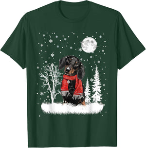 Dachshund Under Moonlight Snow Christmas Pajama T-Shirt - T-Shirt | Forest