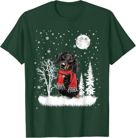 Dachshund Under Moonlight Snow Christmas Pajama T-Shirt - T-Shirt | Forest