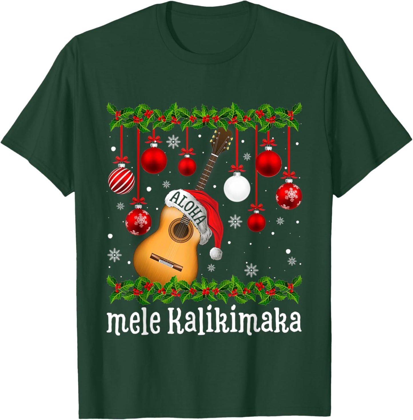 Funny Mele Kaliki Maka Christmas Tree Santa Guitar Hawaiian T-Shirt - T-Shirt | Forest
