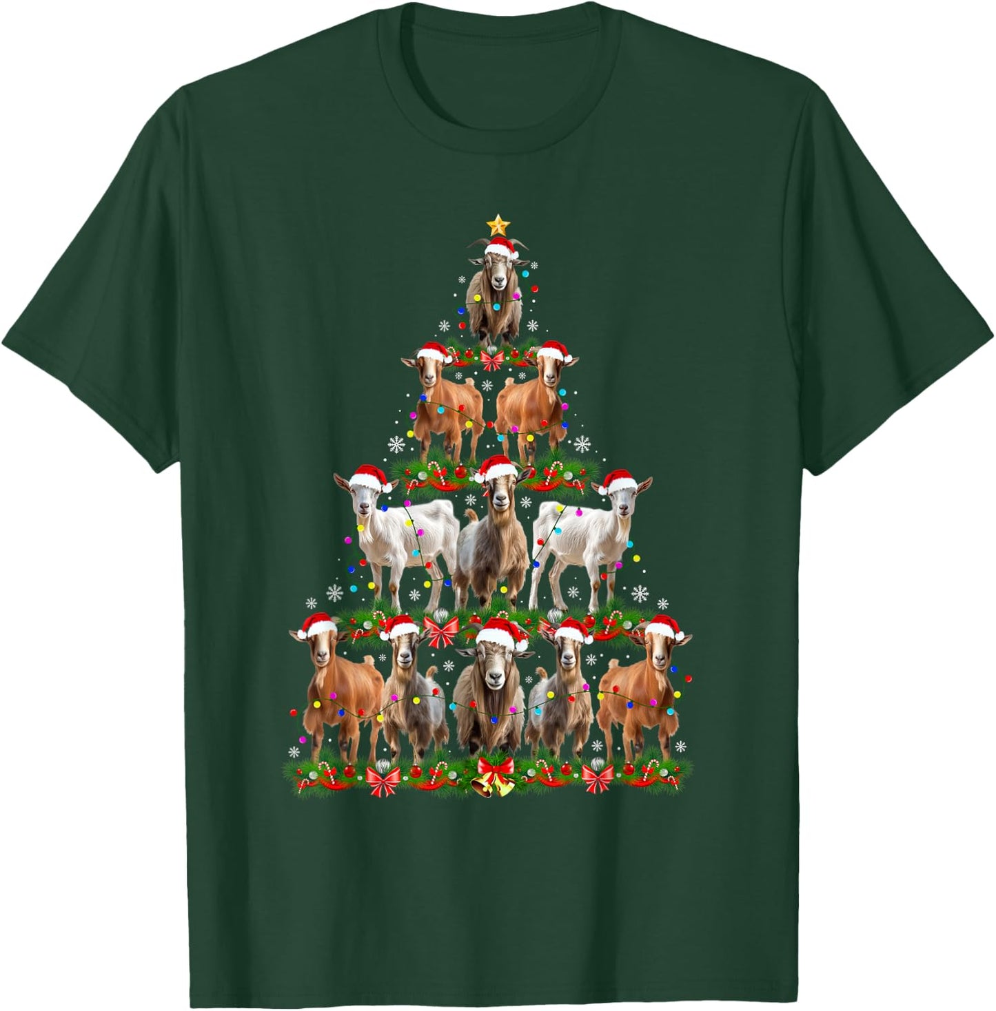 Goat Christmas Tree Lights Funny Xmas Family Men Women T-Shirt - T-Shirt | Forest