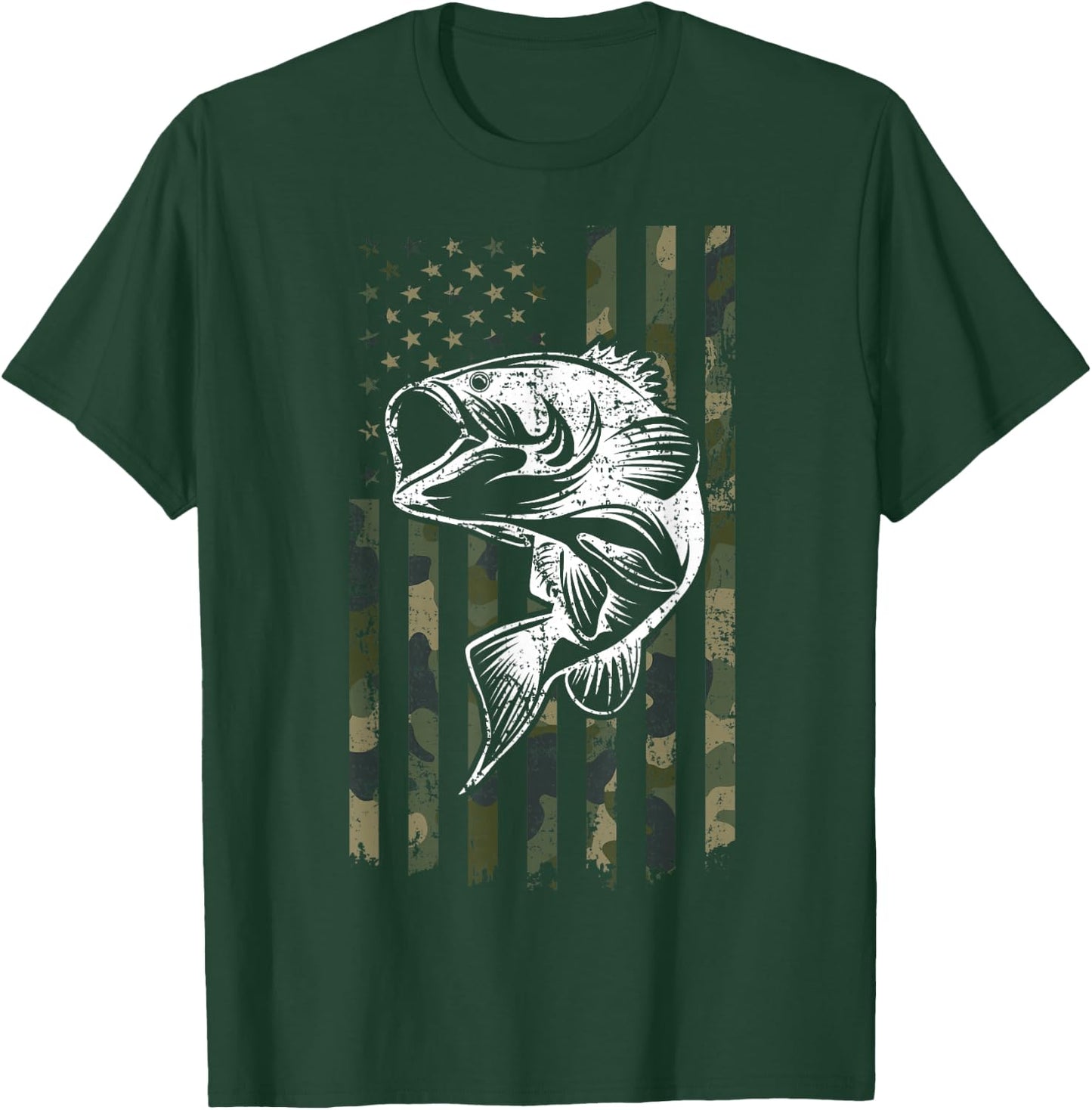 Large mouth Bass Fishing Camo American Flag USA Fisherman T-Shirt - T-Shirt | Forest
