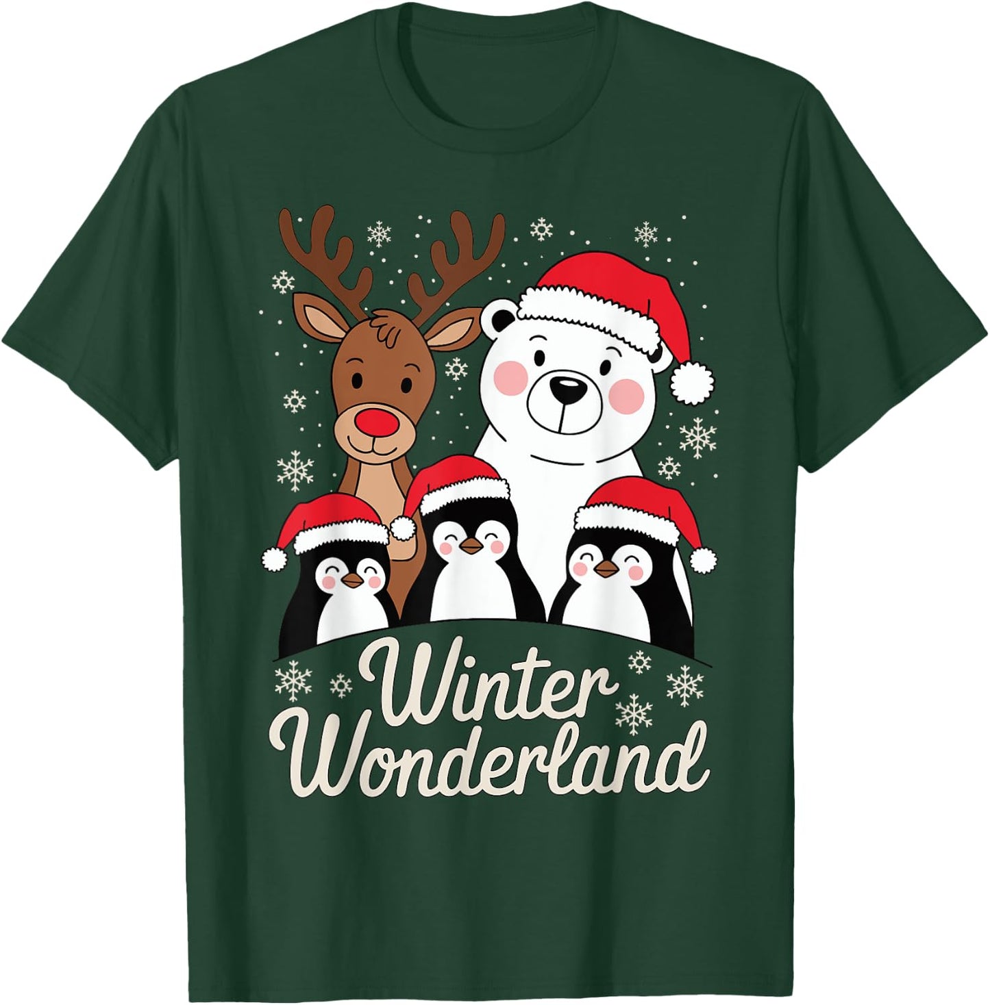Winter Wonderland Reindeer Polar Bear Penguin Xmas Art T-Shirt - T-Shirt | Forest