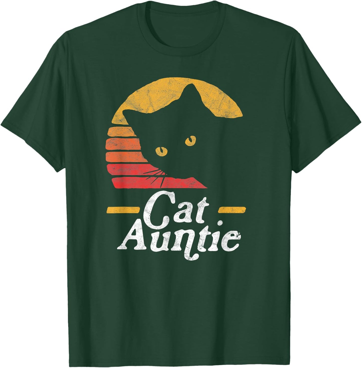 Cat Aunt Vintage Eighties Style Sun Cat Retro Distressed T-Shirt - T-Shirt | Forest