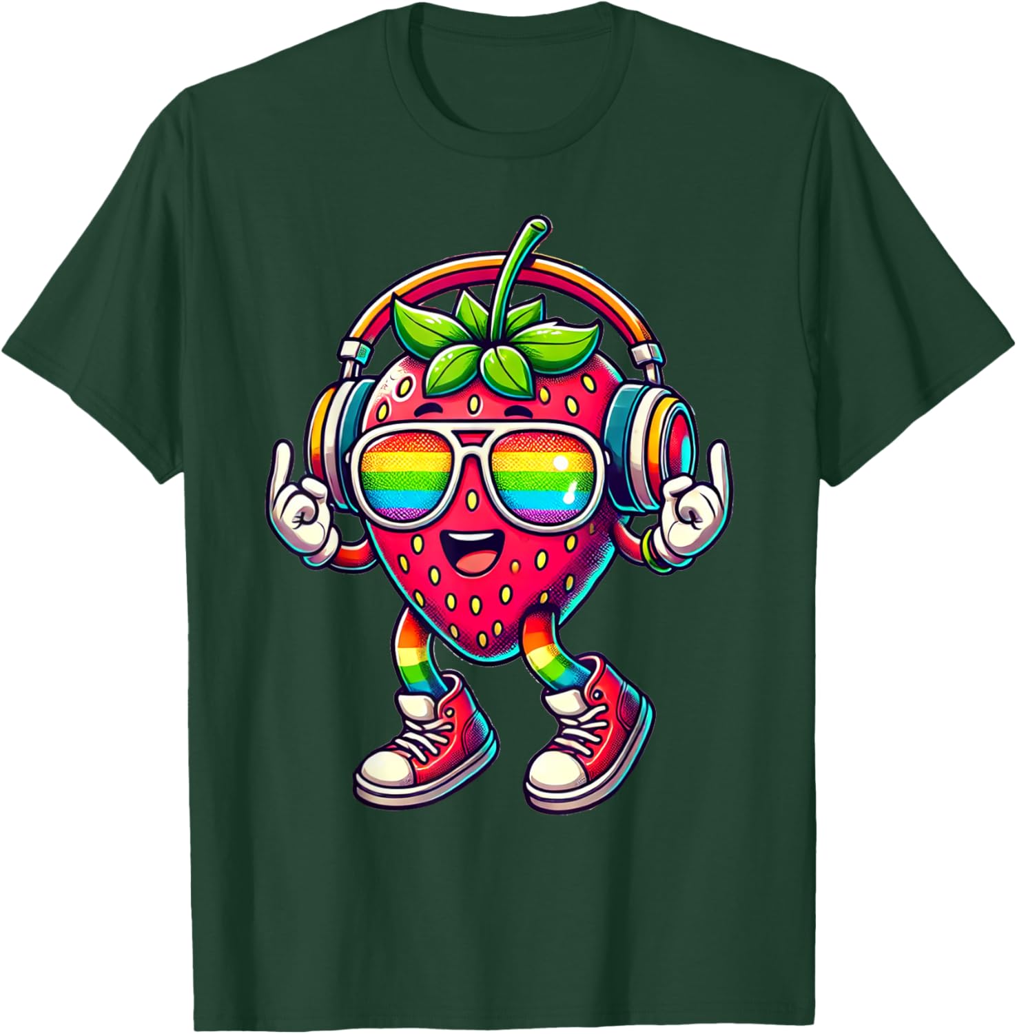 Erdbeere Kopfhörer | Lustige Retro Erdbeere mit Kopfhörern T-Shirt - T-Shirt | Forest