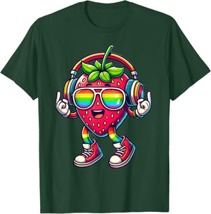 Erdbeere Kopfhörer | Lustige Retro Erdbeere mit Kopfhörern T-Shirt - T-Shirt | Forest