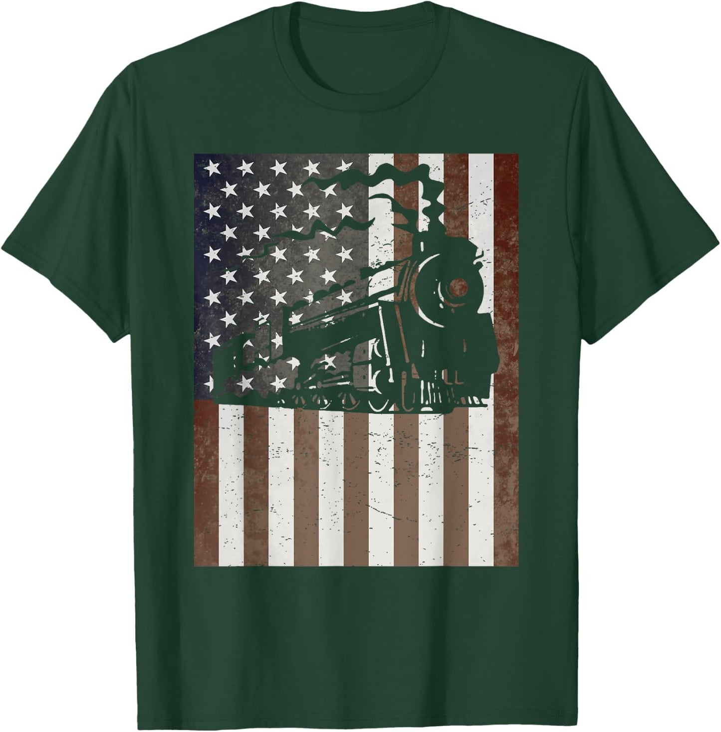 Train Locomotive Engine American Flag Model Builder Vintage T-Shirt - T-Shirt | Forest